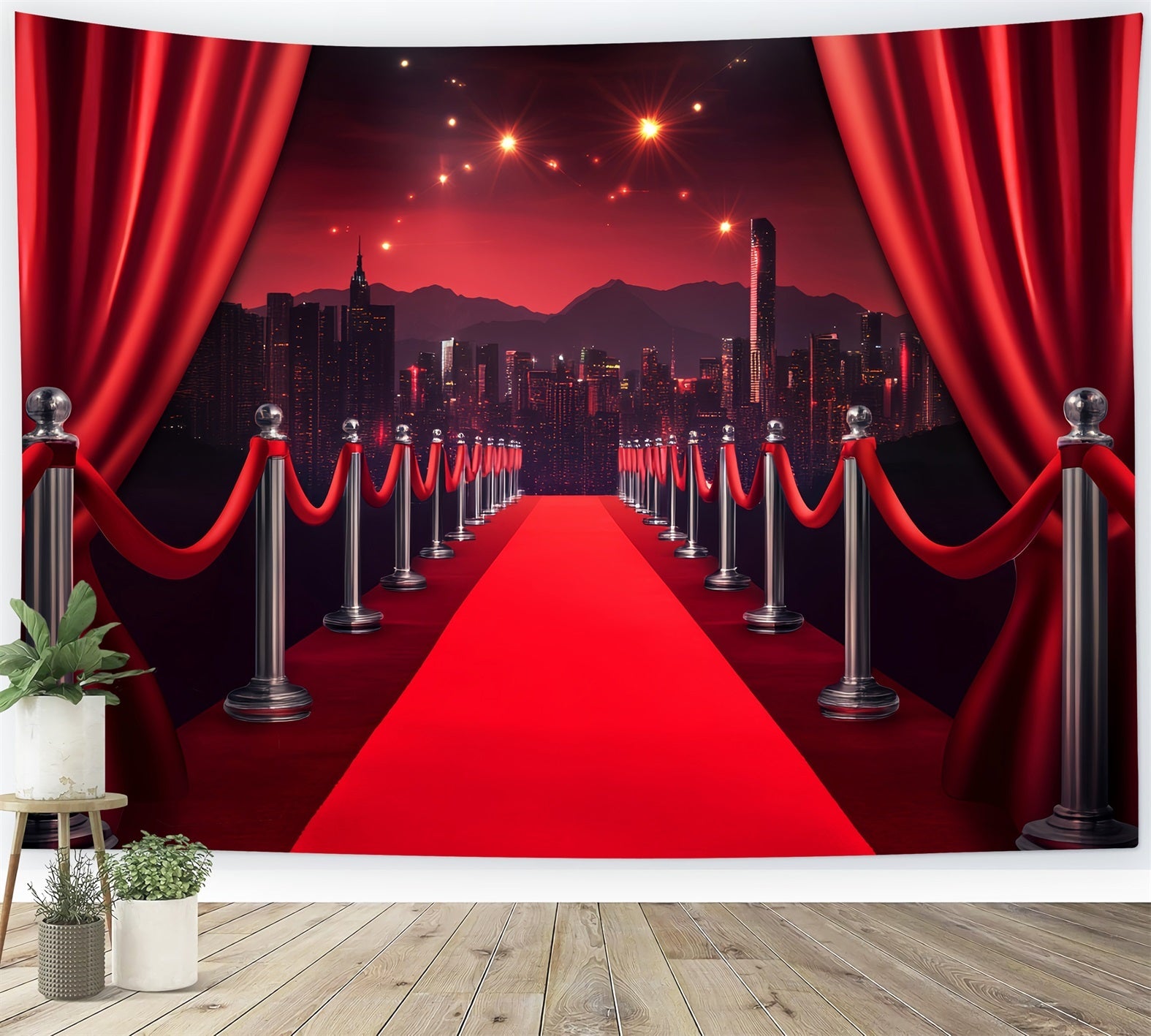 Red Carpet Backdrop Red Curtain City Skyline Walk Hollywood Theme Backdrop UK LXX58-329