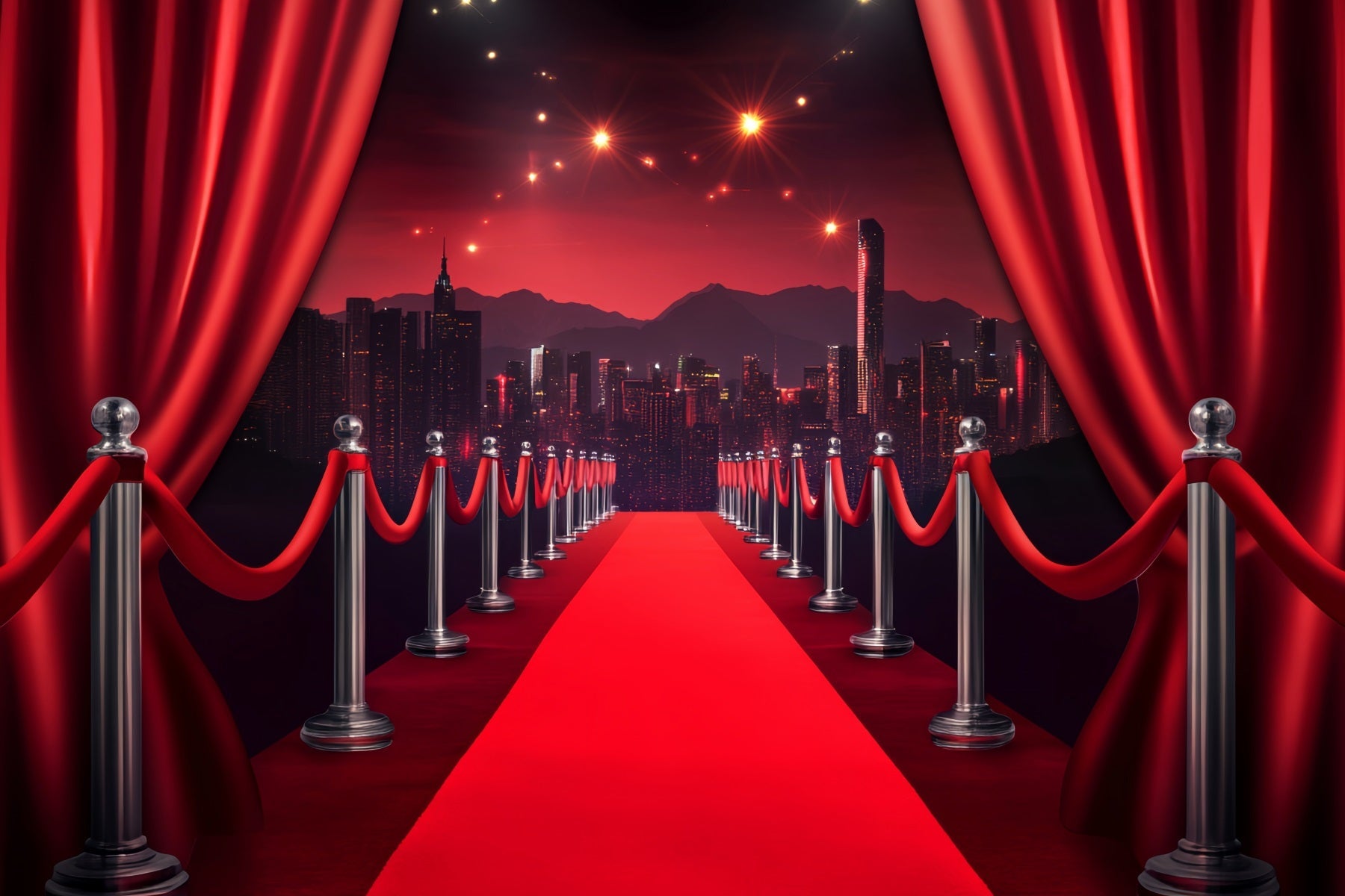 Red Carpet Backdrop Red Curtain City Skyline Walk Hollywood Theme Backdrop UK LXX58-329