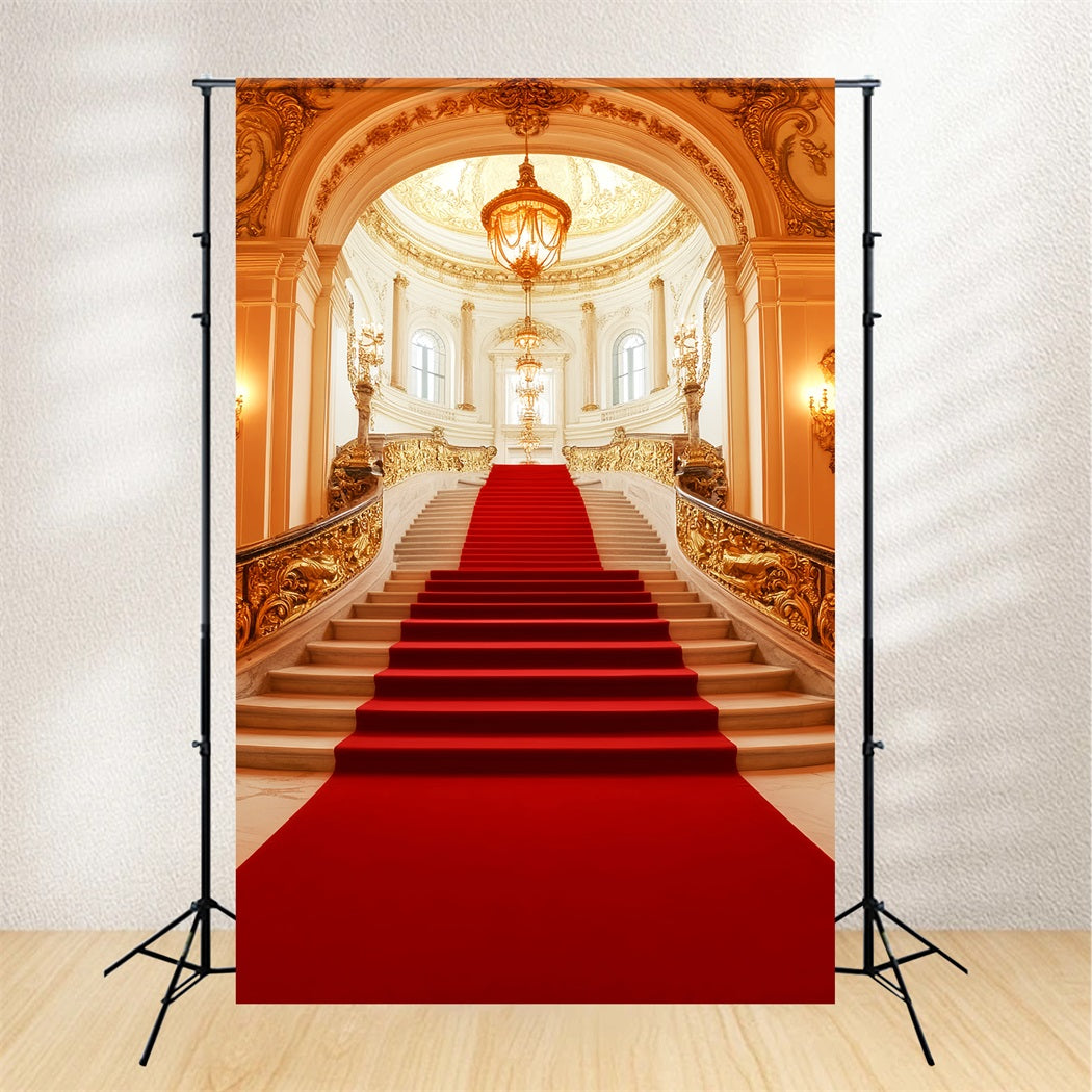 Red Carpet Backdrop Royal Golden Chandelier Stairway Stage Backdrop UK LXX58-334