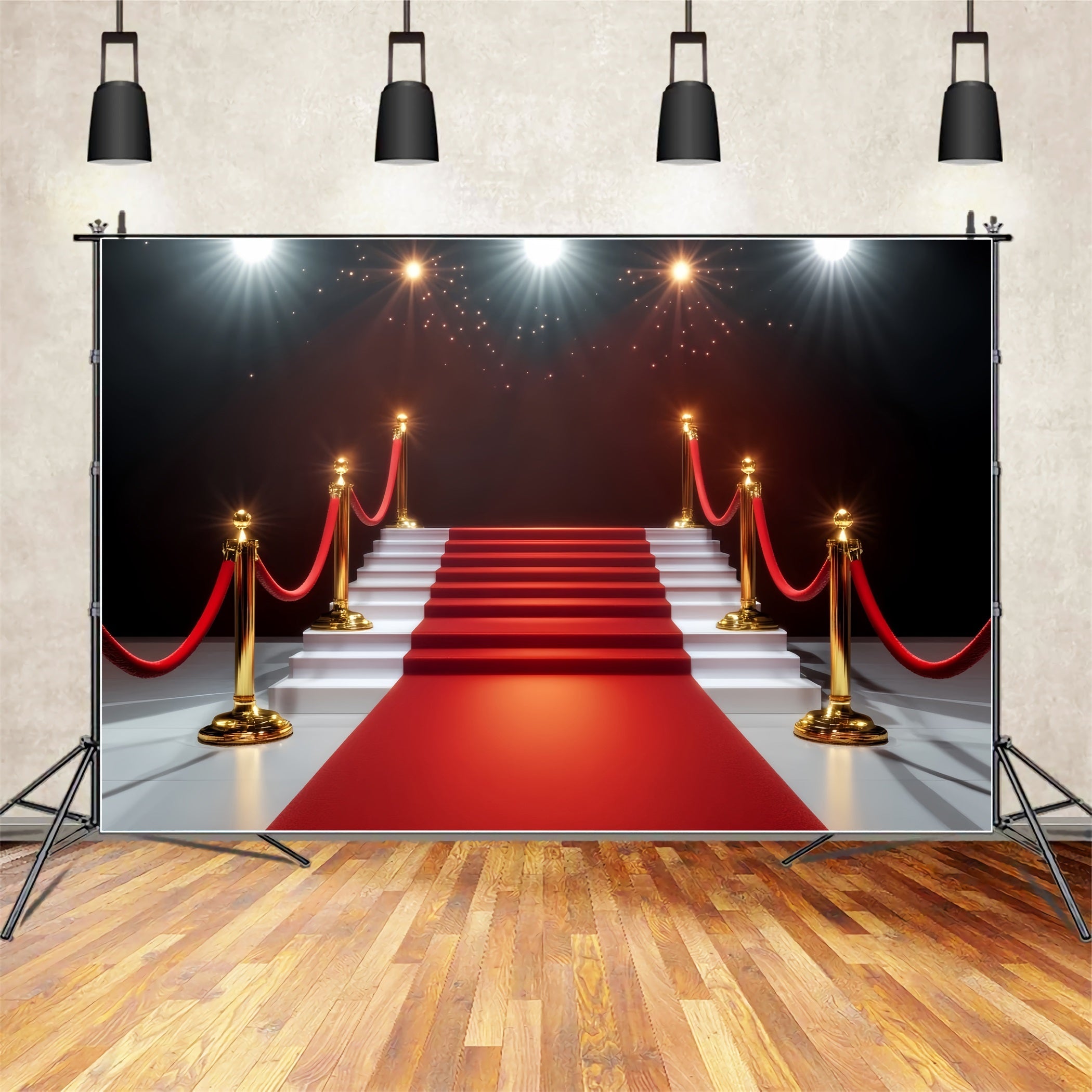 Red Carpet Backdrop Golden Lights Glamorous Staircase Stage Backdrop UK LXX58-336