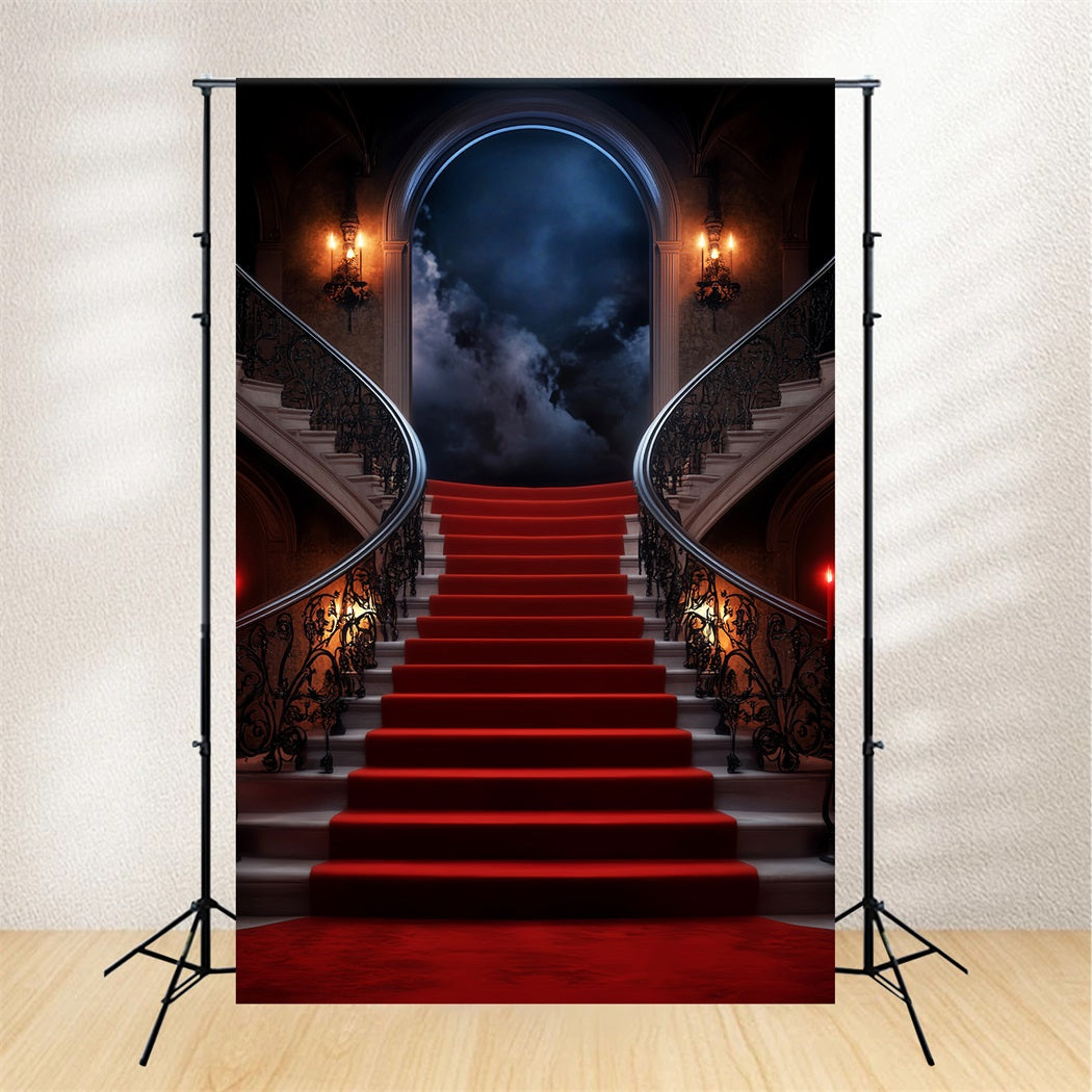 Red Carpet Backdrop Mystic Moonlit Stairway Mansion Stage Backdrop UK LXX58-339