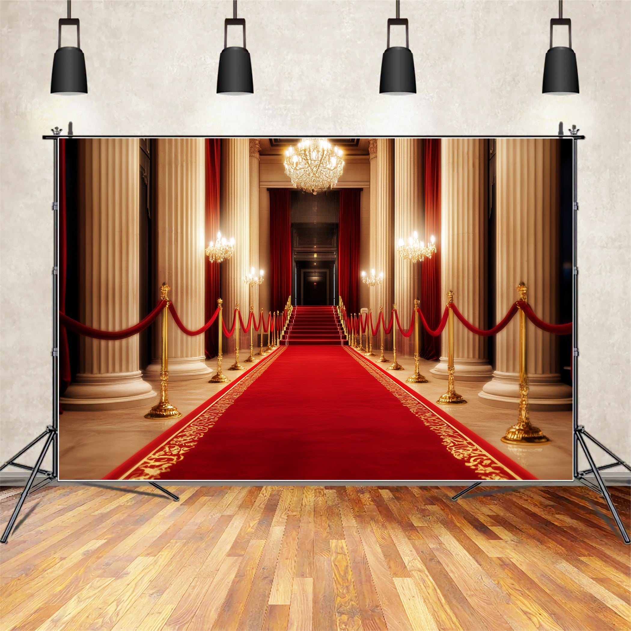 Red Carpet Backdrop Grand Hall Chandelier Glow Stage Photo Backdrop UK LXX58-341