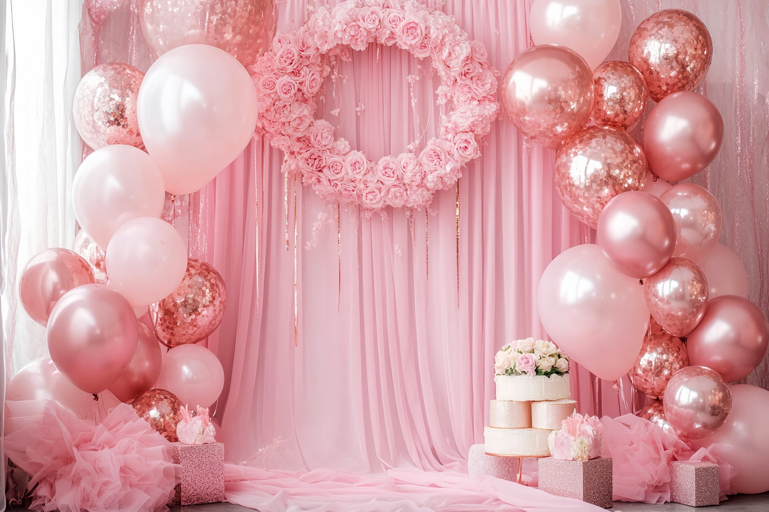 Newborn Backdrop Pink Roses Balloons Wreath Newborn Photoshoot Backdrop UK LXX58-356