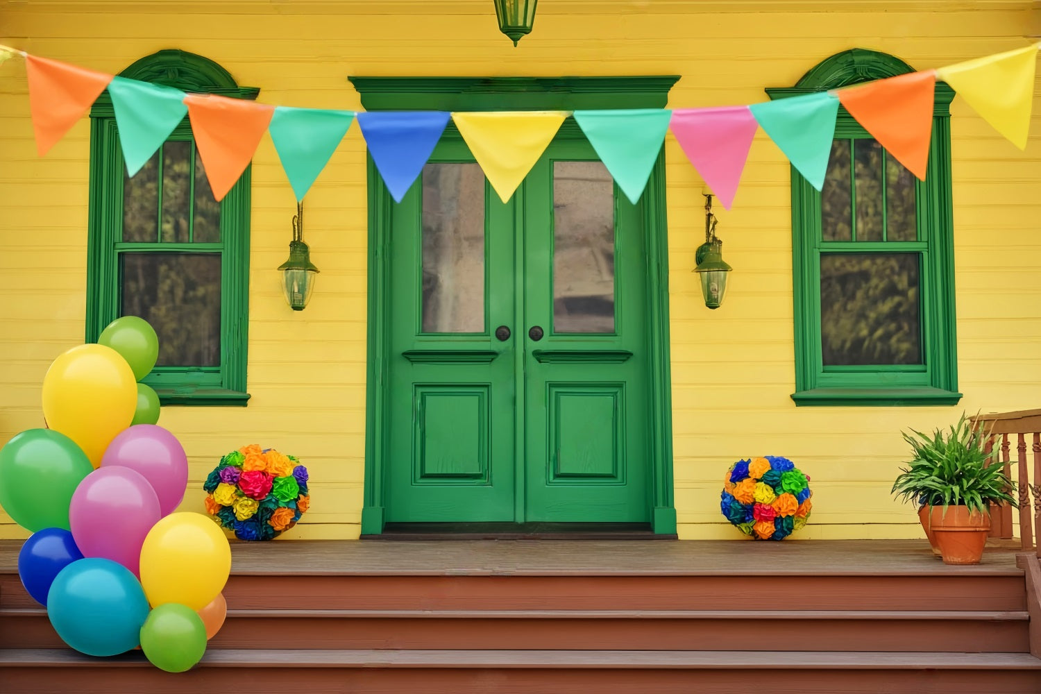 Newborn Backdrop Colorful Balloons Green Door Kids Backdrop UK LXX58-357