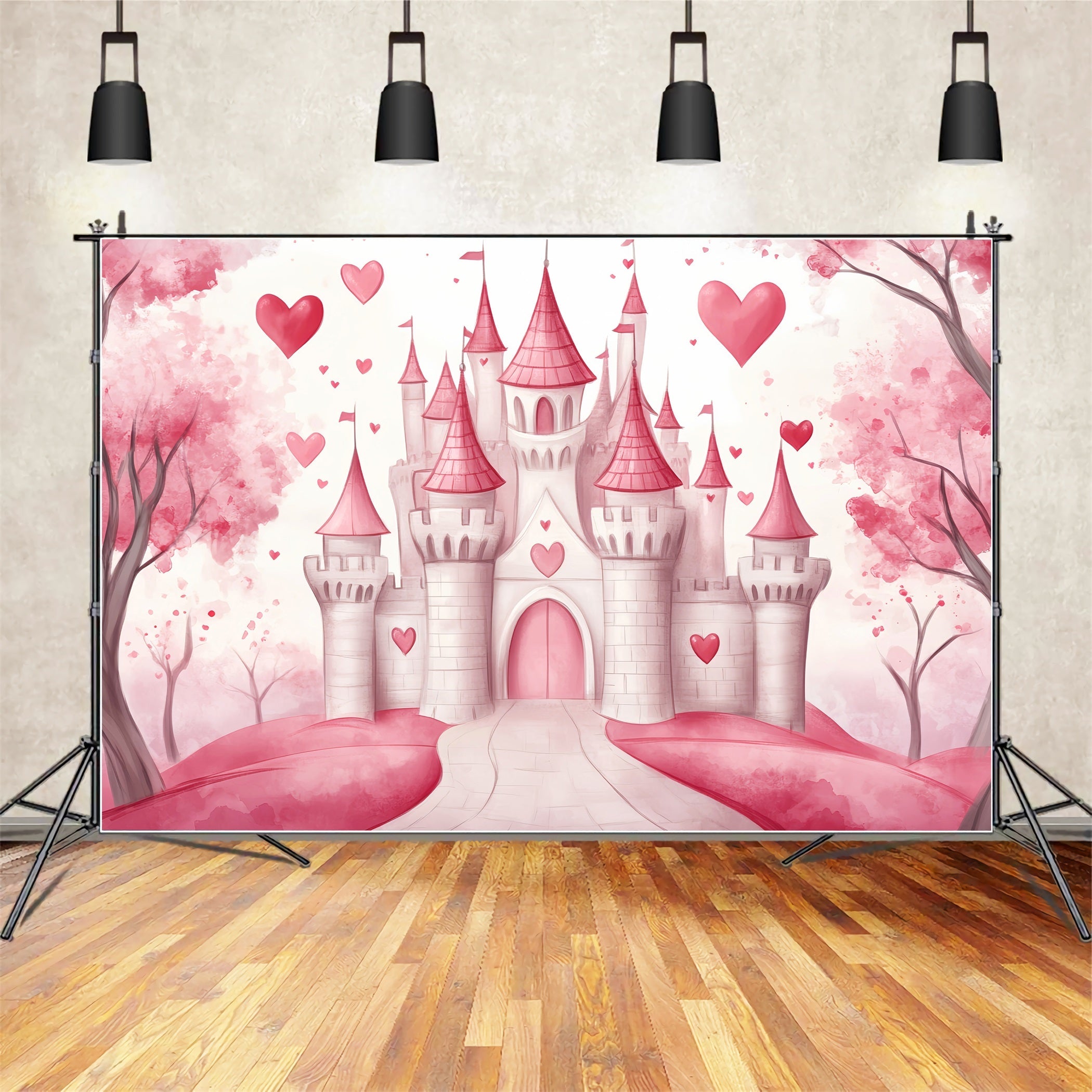 Castle Backdrop Pink Heart Fairytale Castle Kids Backdrops UK LXX58-371