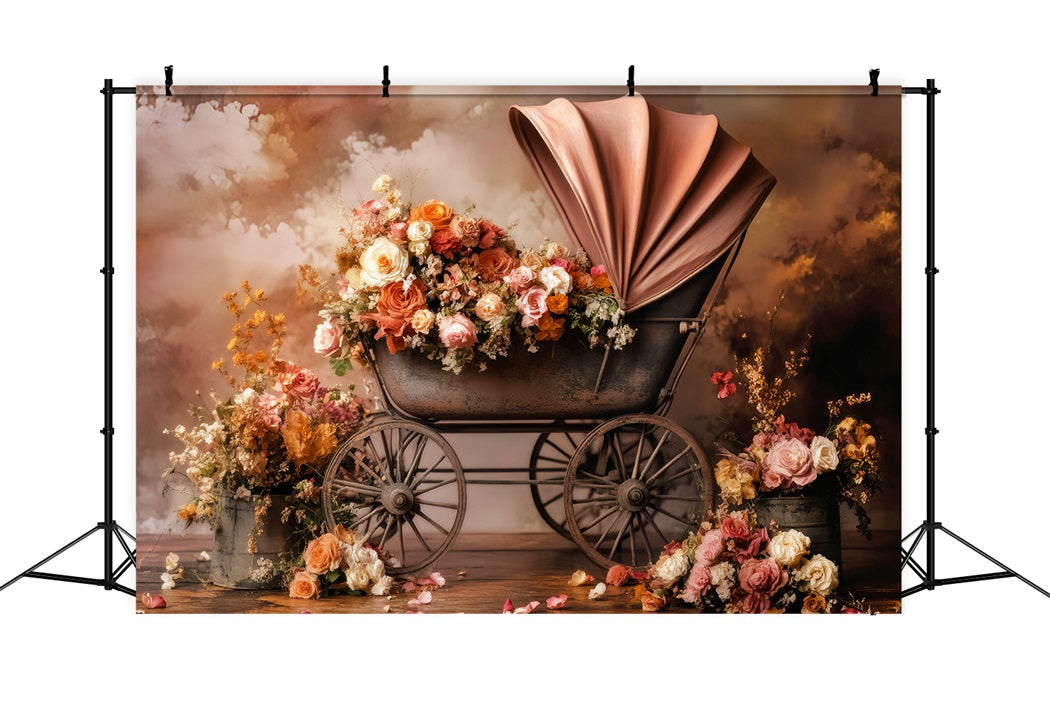 Newborn Fall Backdrop Vintage Stroller Blooming Flowers Newborn Backdrop UK LXX58-376