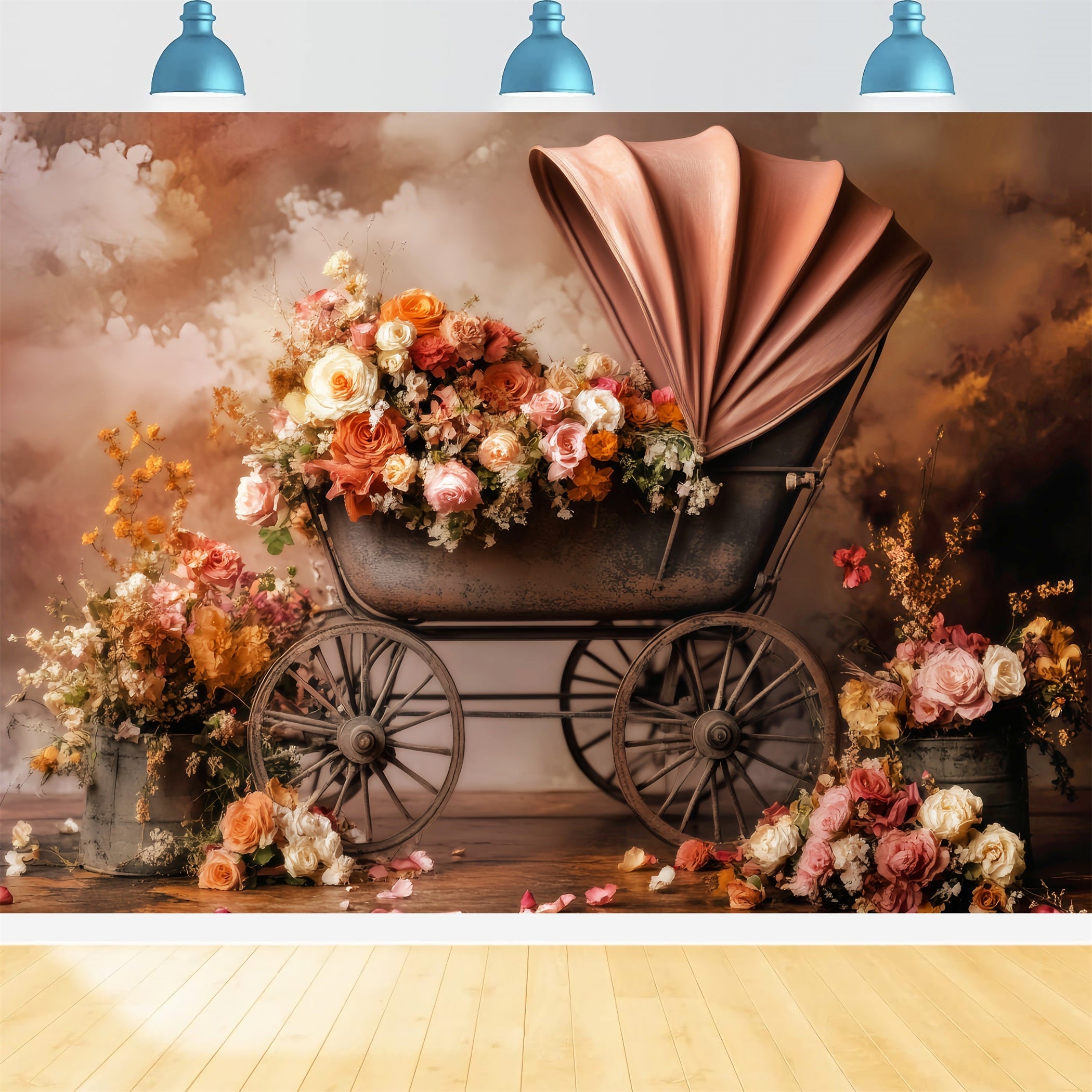 Newborn Fall Backdrop Vintage Stroller Blooming Flowers Newborn Backdrop UK LXX58-376