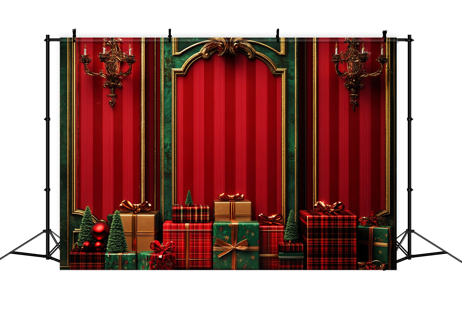 Red Christmas Backdrop Classic Red Green Gift Wall Christmas Backdrop for Photos UK LXX58-53