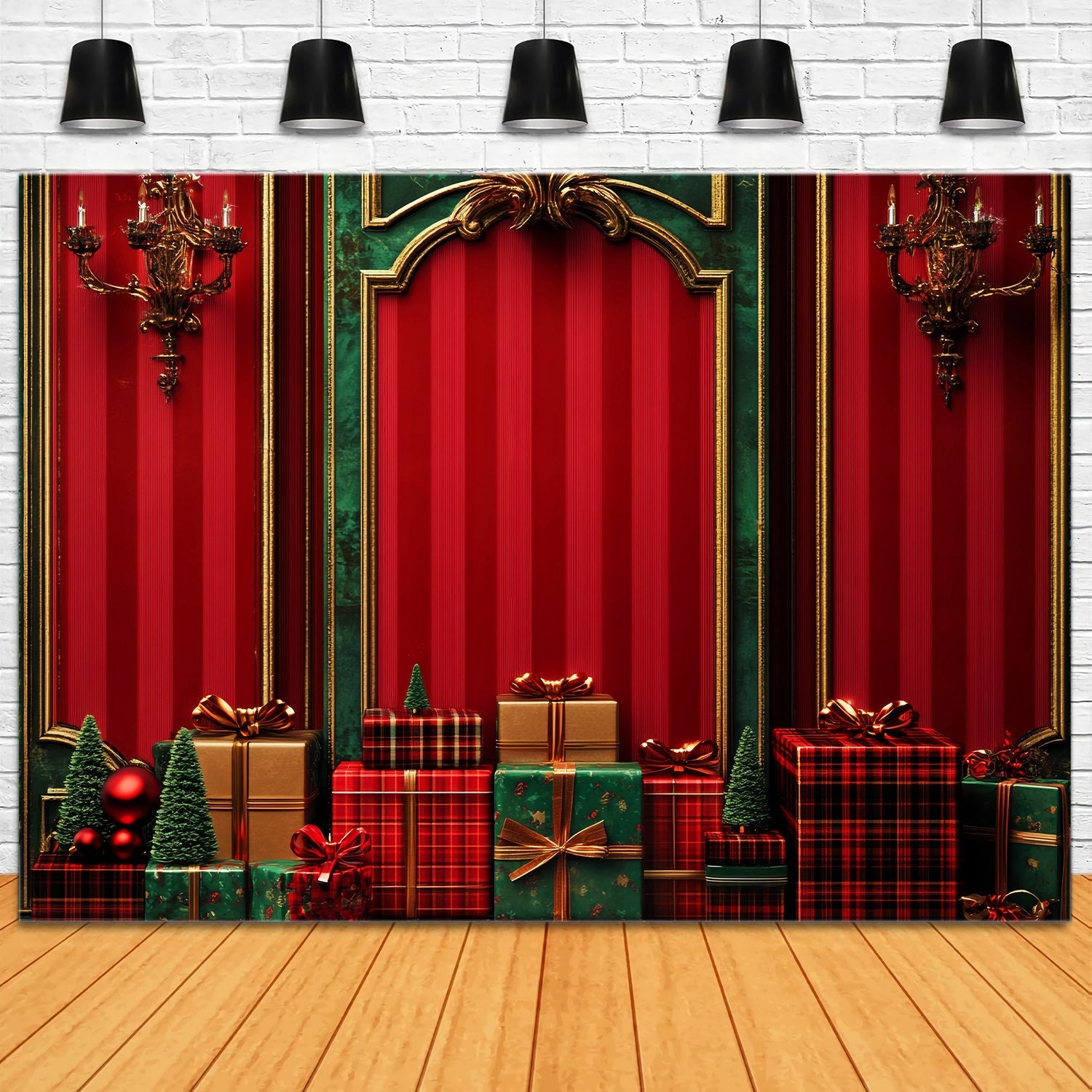 Red Christmas Backdrop Classic Red Green Gift Wall Christmas Backdrop for Photos UK LXX58-53