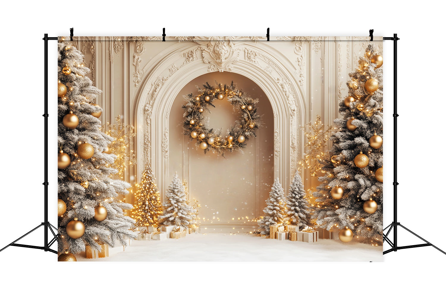 White Christmas Backdrop Golden Frosted Palace Trees Christmas Backdrop ideas UK LXX58-54