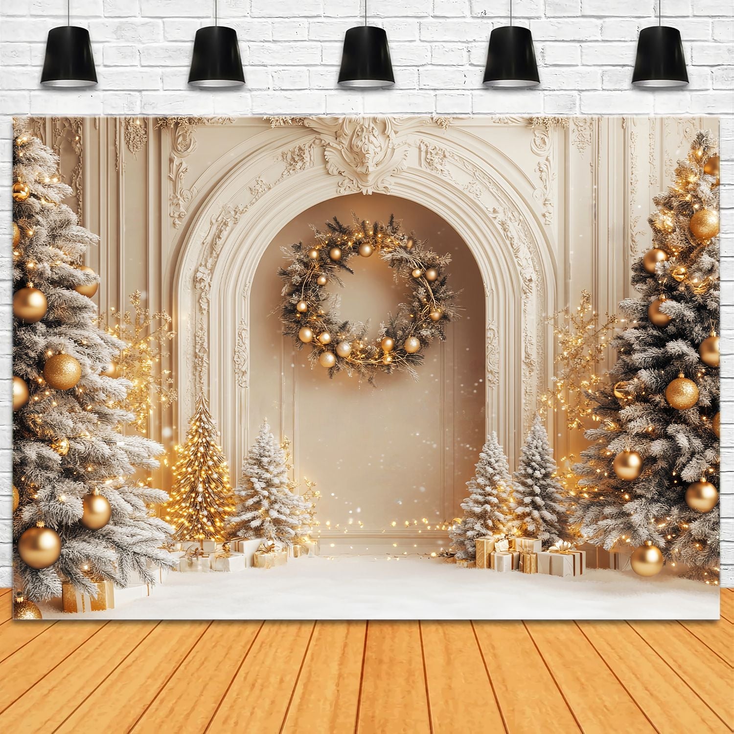 White Christmas Backdrop Golden Frosted Palace Trees Christmas Backdrop ideas UK LXX58-54