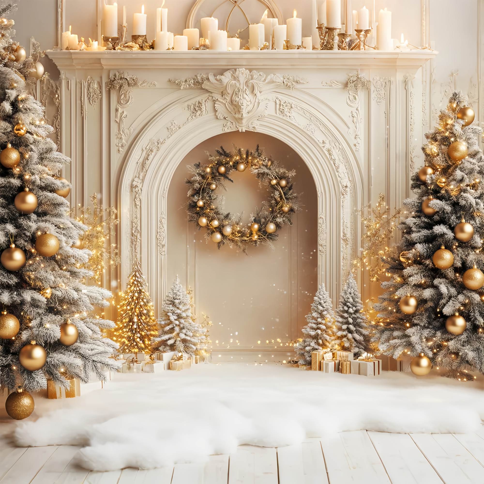 White Christmas Backdrop Golden Frosted Palace Trees Christmas Backdrop ideas UK LXX58-54