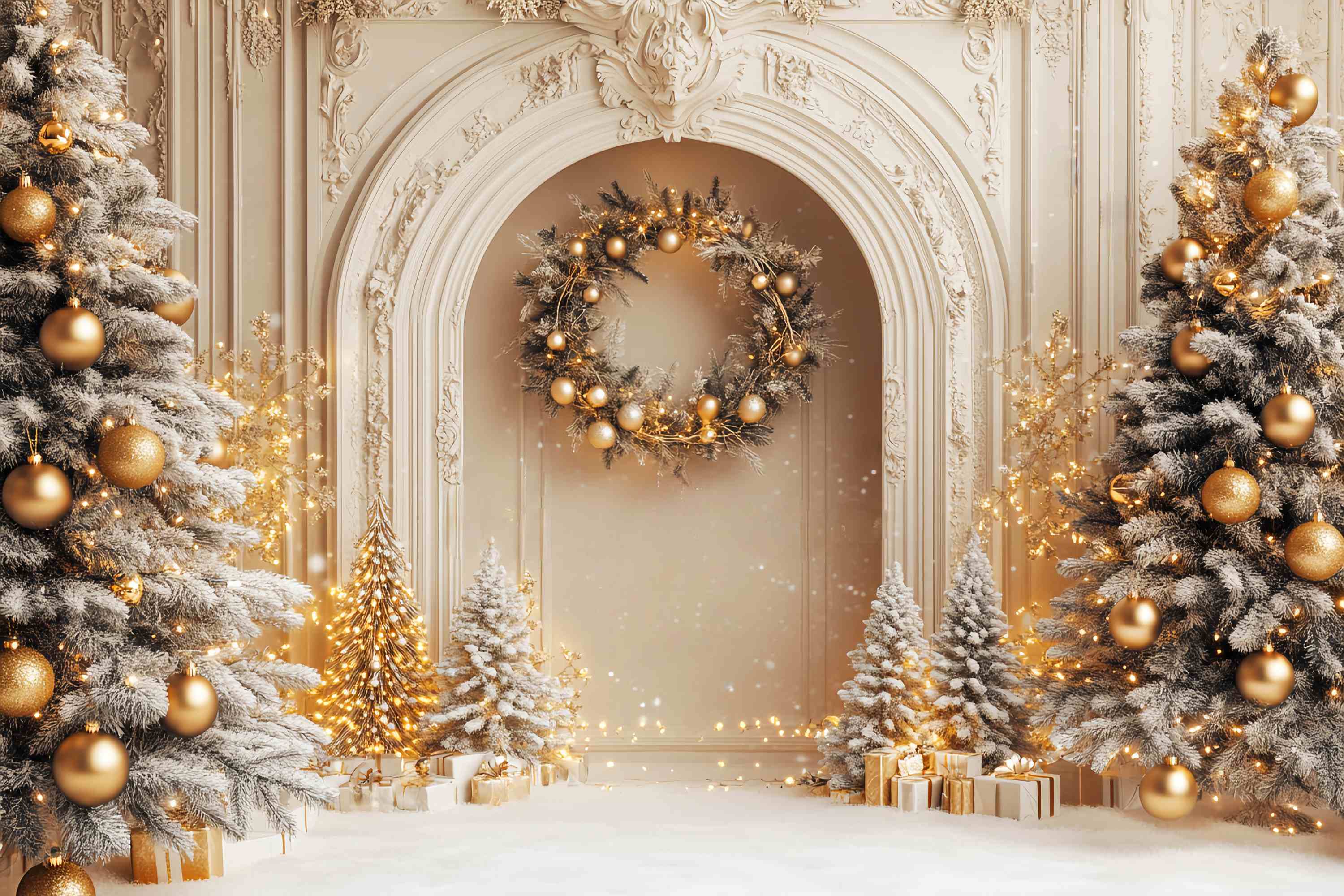 White Christmas Backdrop Golden Frosted Palace Trees Christmas Backdrop ideas UK LXX58-54