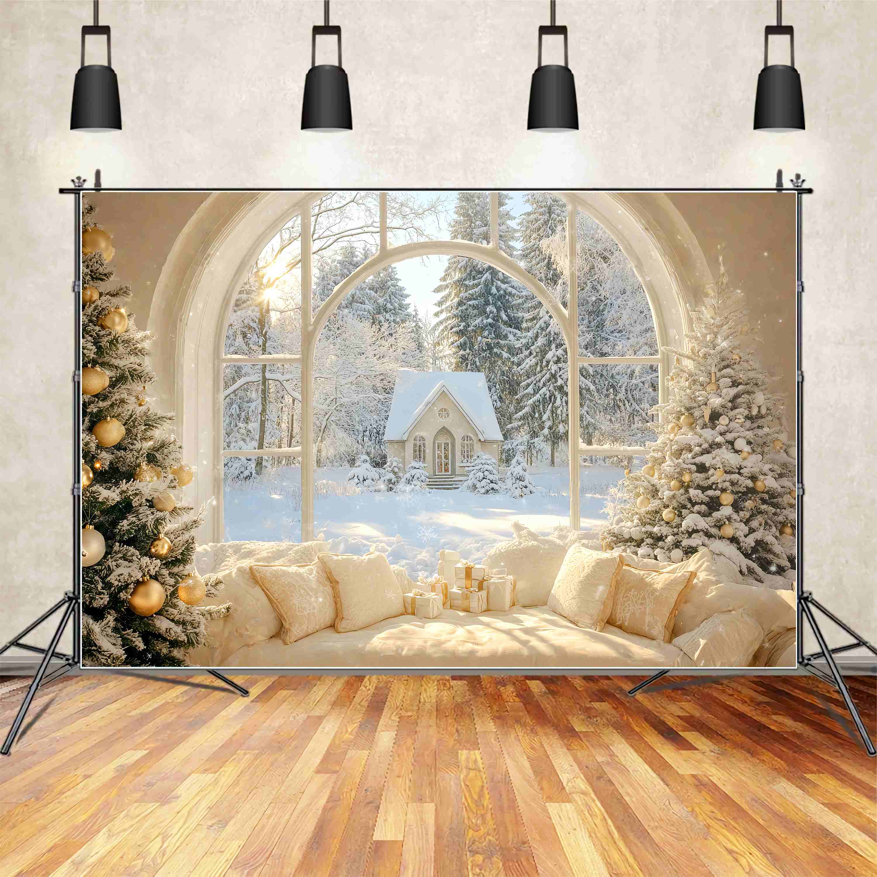 Christmas Backdrop Photography Golden Winter Cottage Window Christmas Photography Backdrops UK LXX58-73
