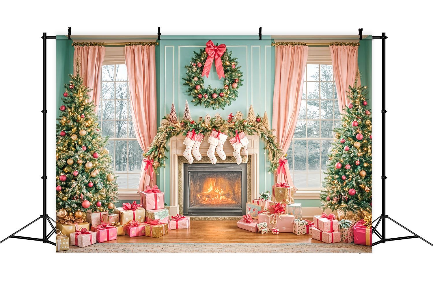 Christmas Fireplace Backdrop Pink Bow Fireplace Christmas Morning Backdrop Christmas UK LXX58-83
