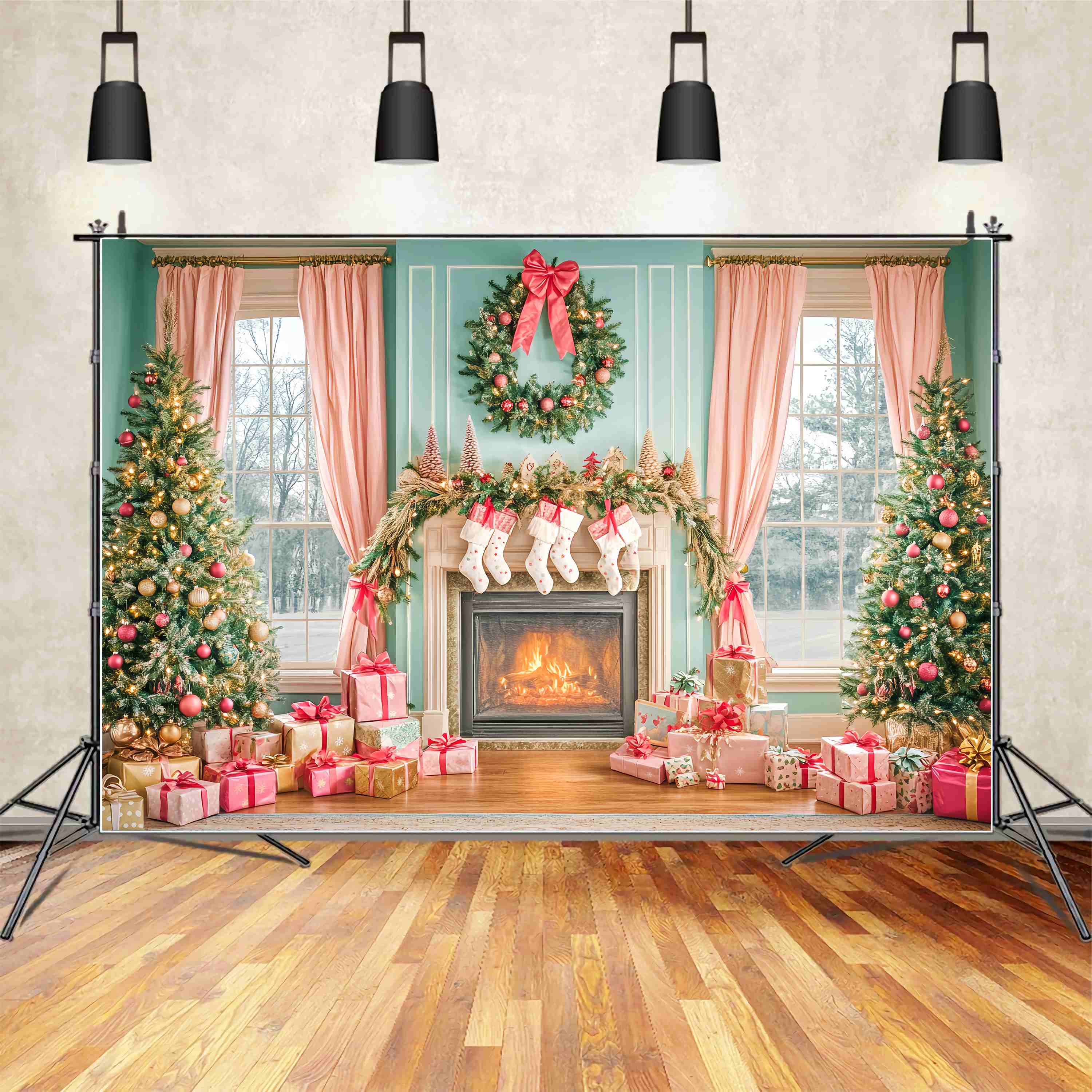 Christmas Fireplace Backdrop Pink Bow Fireplace Christmas Morning Backdrop Christmas UK LXX58-83