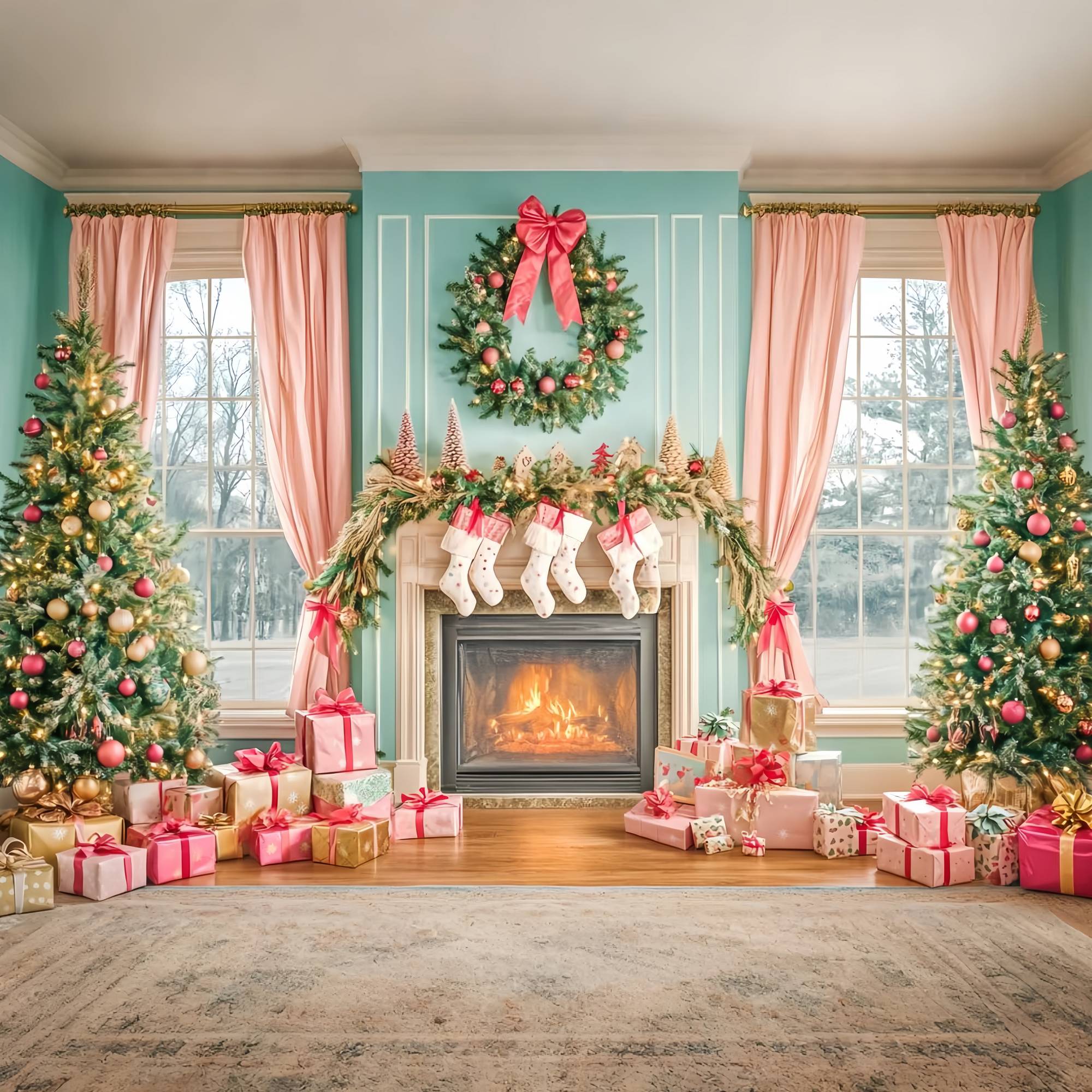 Christmas Fireplace Backdrop Pink Bow Fireplace Christmas Morning Backdrop Christmas UK LXX58-83