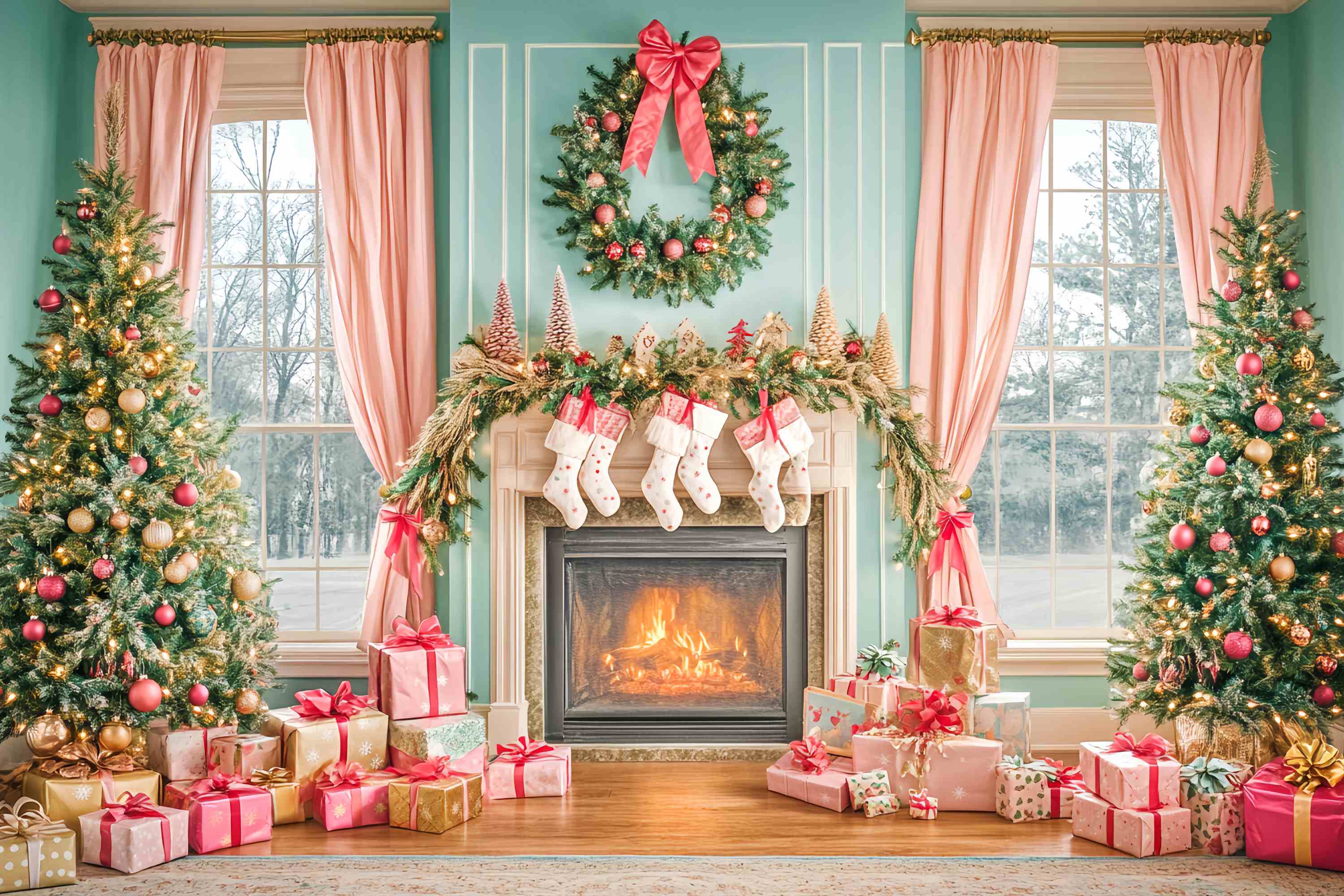 Christmas Fireplace Backdrop Pink Bow Fireplace Christmas Morning Backdrop Christmas UK LXX58-83
