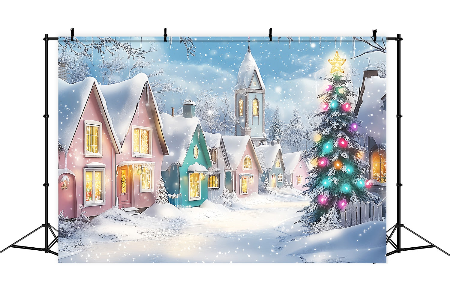 Christmas Village Backdrop Pastel Winter Village Snowfall Christmas Backdrop Photography UK LXX58-95