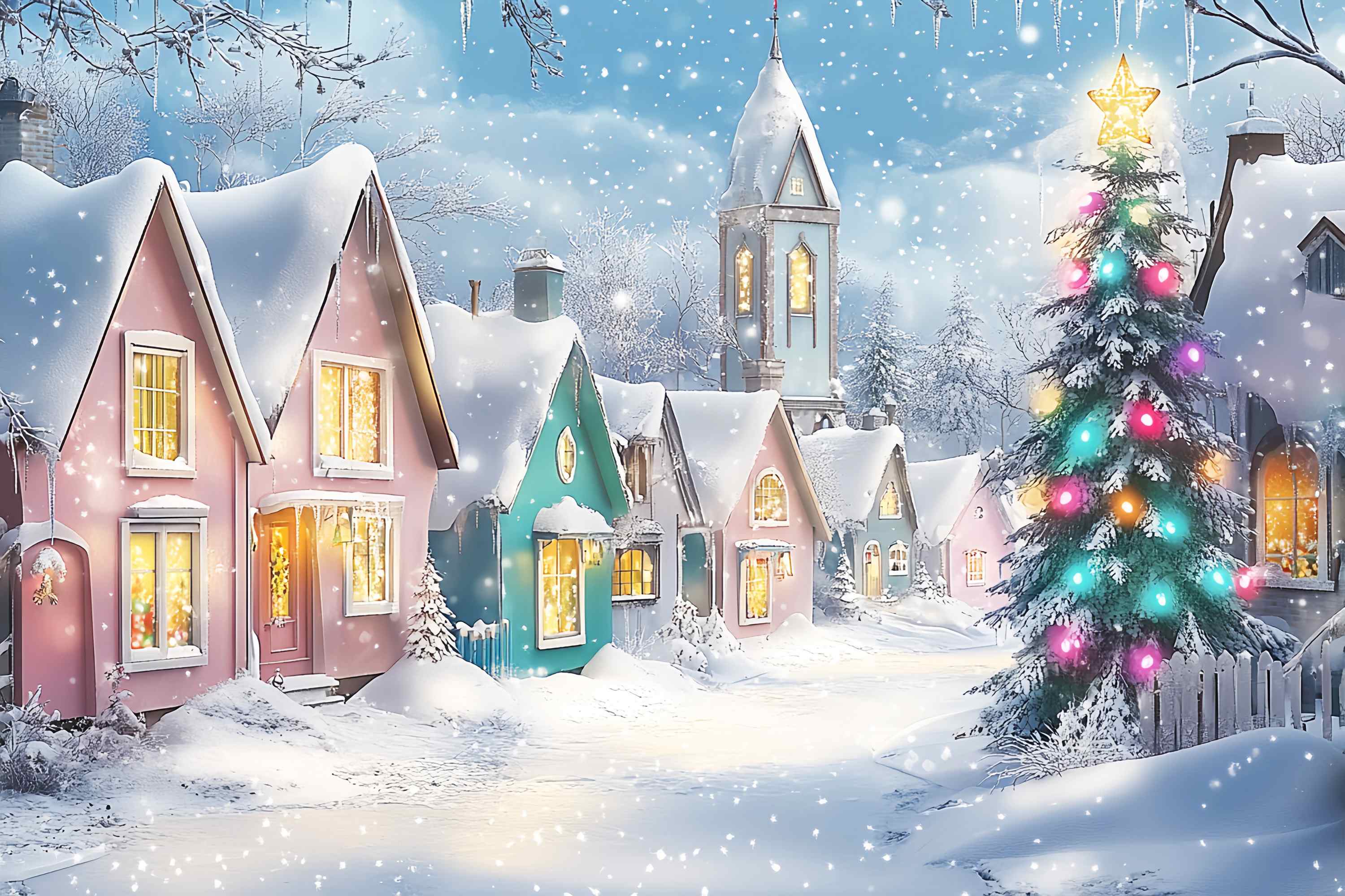 Christmas Village Backdrop Pastel Winter Village Snowfall Christmas Backdrop Photography UK LXX58-95