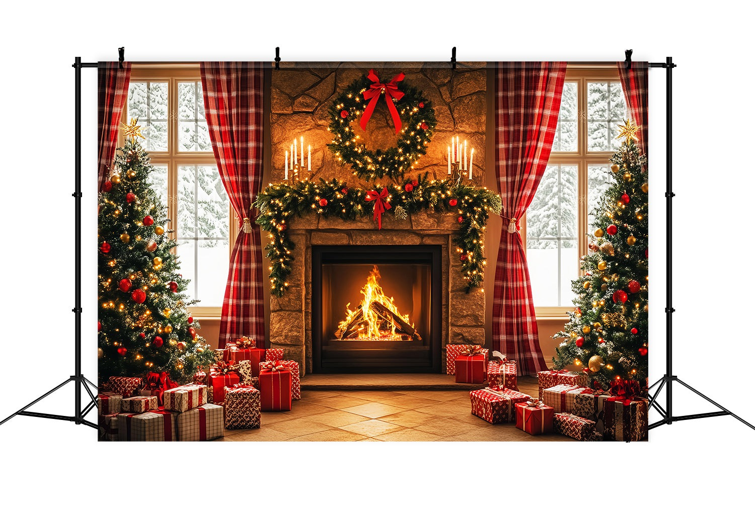 Christmas Fireplace Backdrop Plaid Cozy Fireplace Morning Christmas Photo Backdrop UK LXX58-96