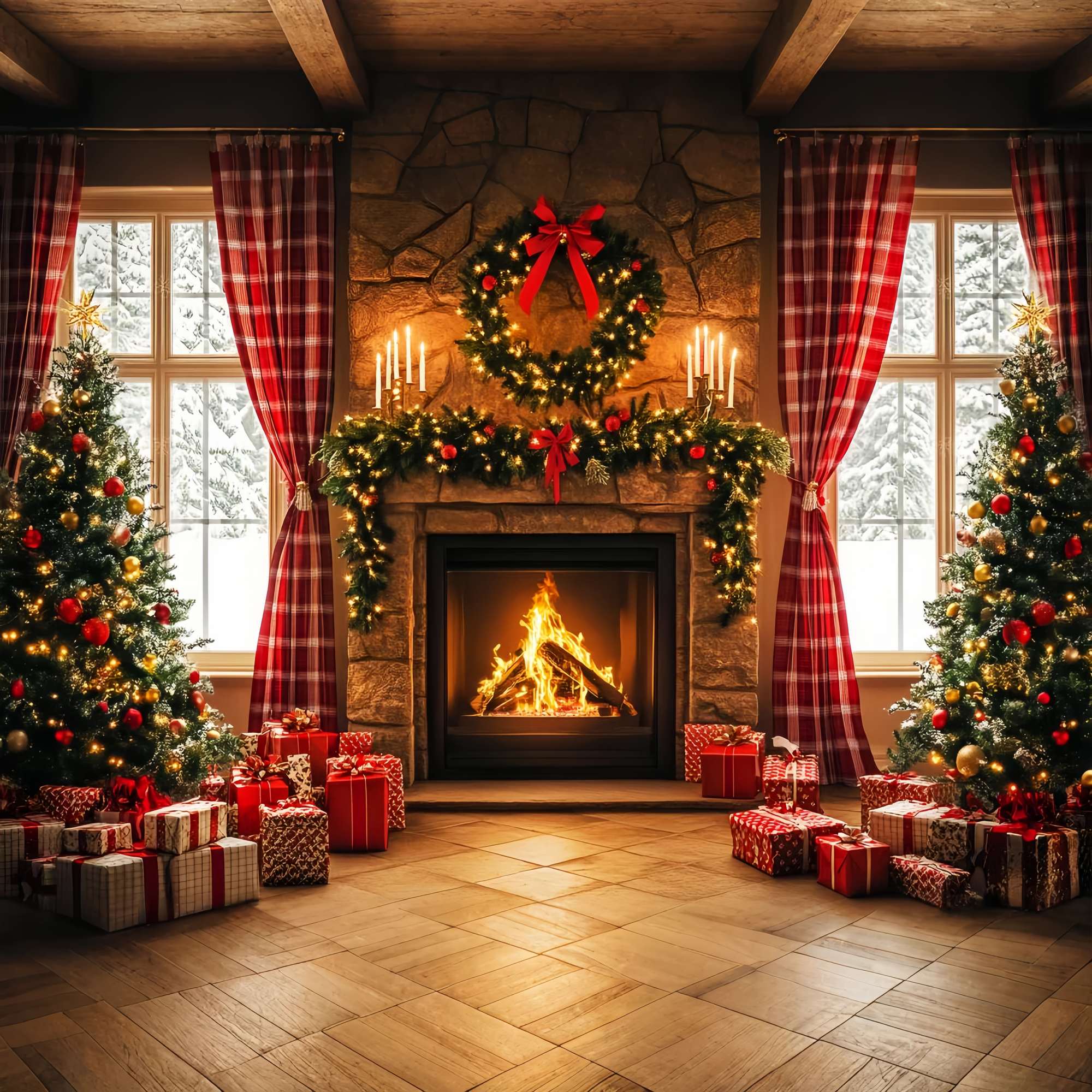 Christmas Fireplace Backdrop Plaid Cozy Fireplace Morning Christmas Photo Backdrop UK LXX58-96