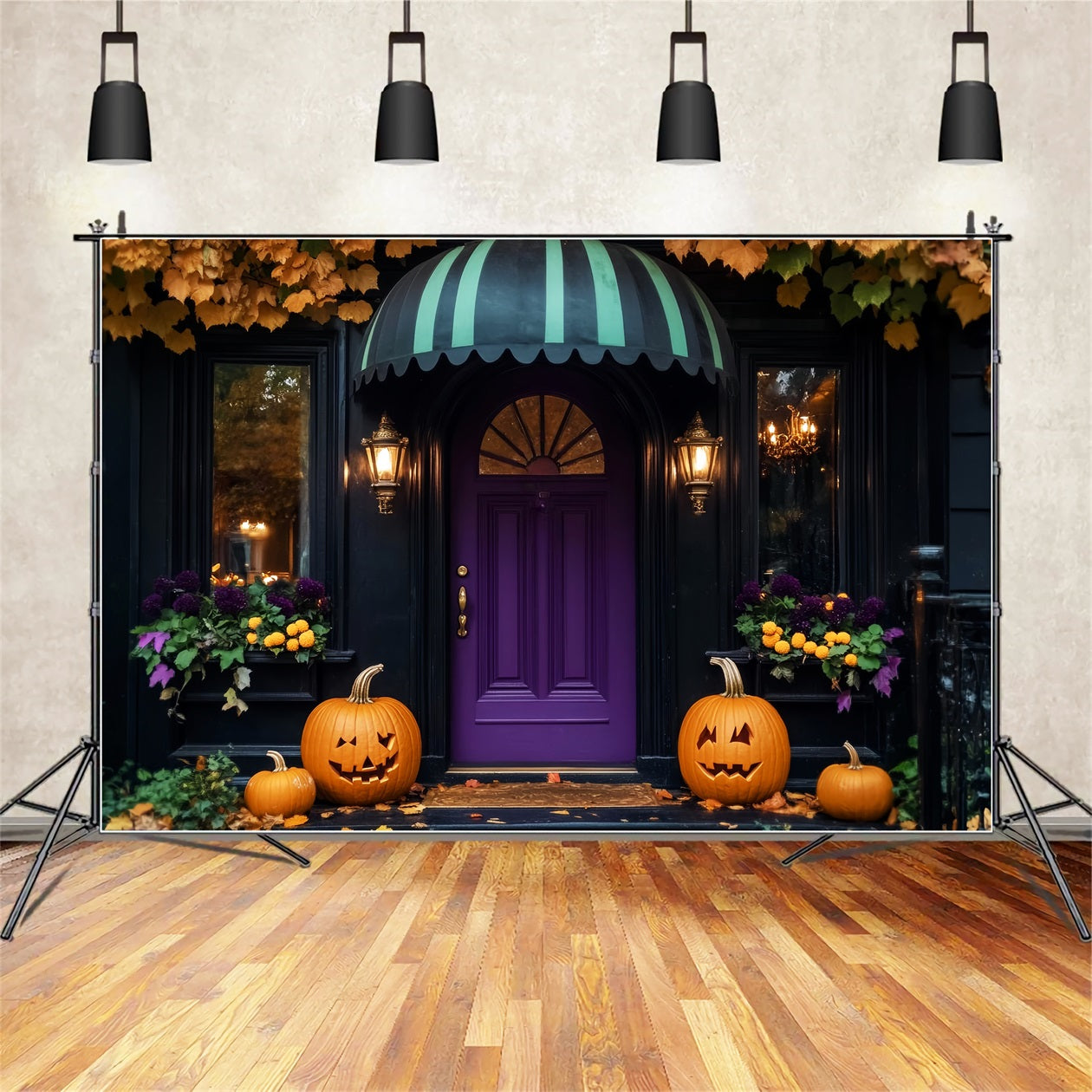 Color Backdrop Purple Door Pumpkin Lanterns Halloween Photo Backdrop Ideas UK LXX59-102
