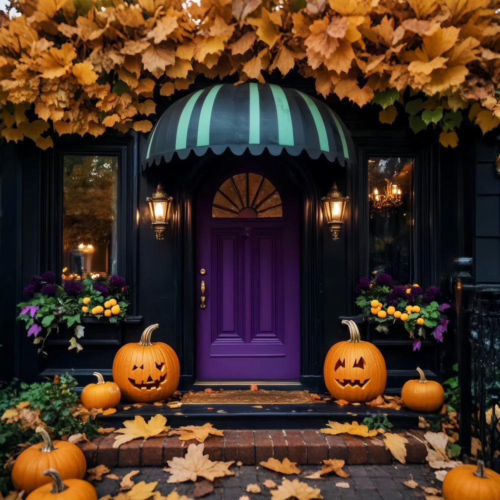 Color Backdrop Purple Door Pumpkin Lanterns Halloween Photo Backdrop Ideas UK LXX59-102