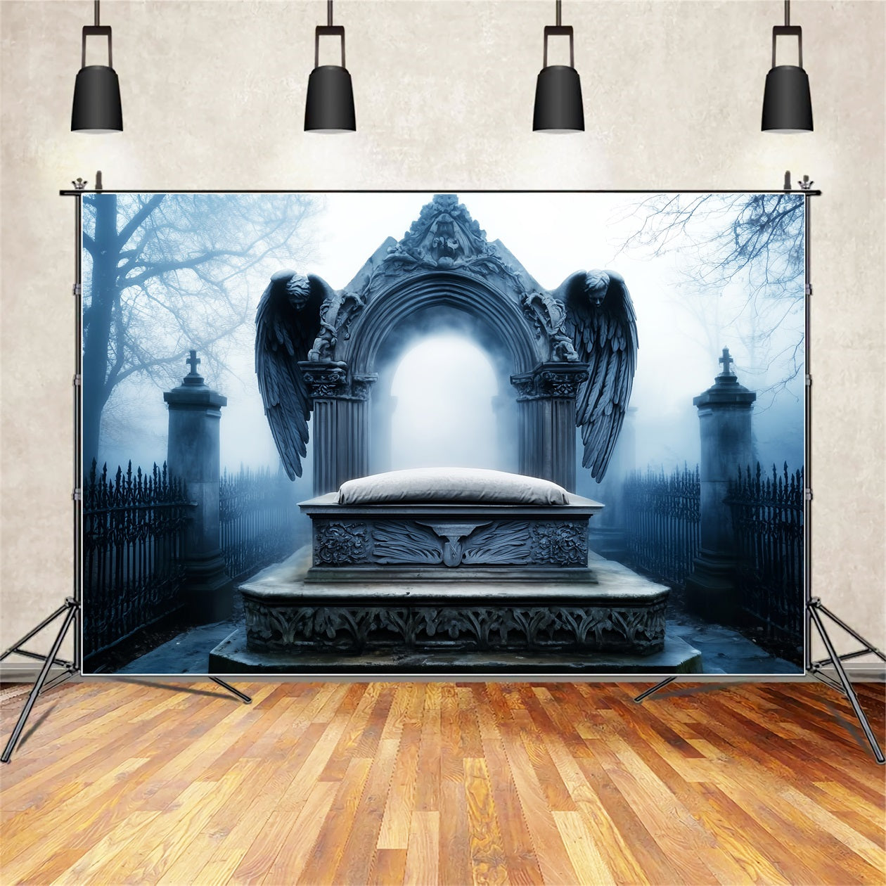 Graveyard Backdrop Angel Tombstone Graveyard Fog Halloween Picture Backdrop UK LXX59-103