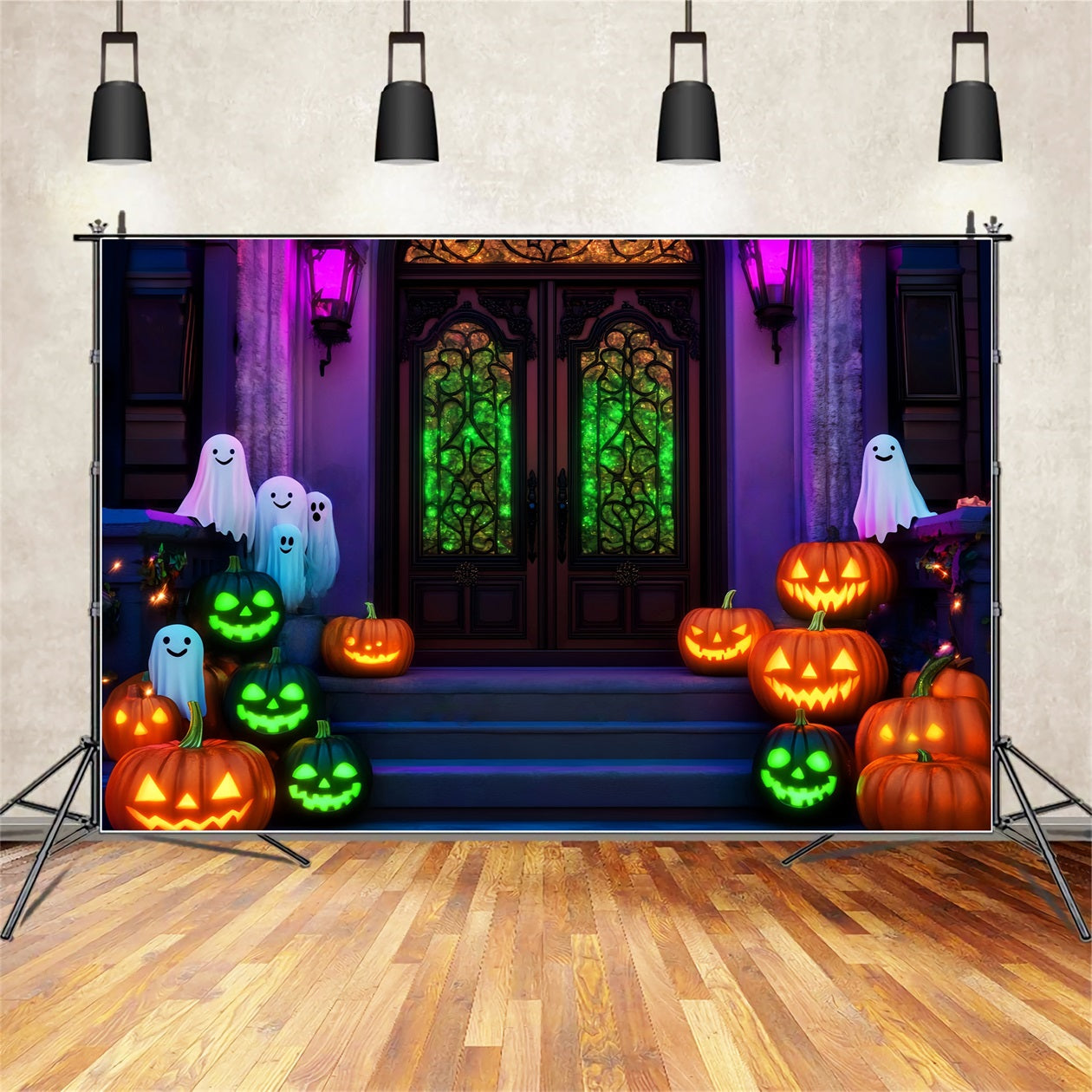 Halloween Ghost Backdrop Neon Ghost Pumpkin Stairway Halloween Backdrops UK LXX59-106