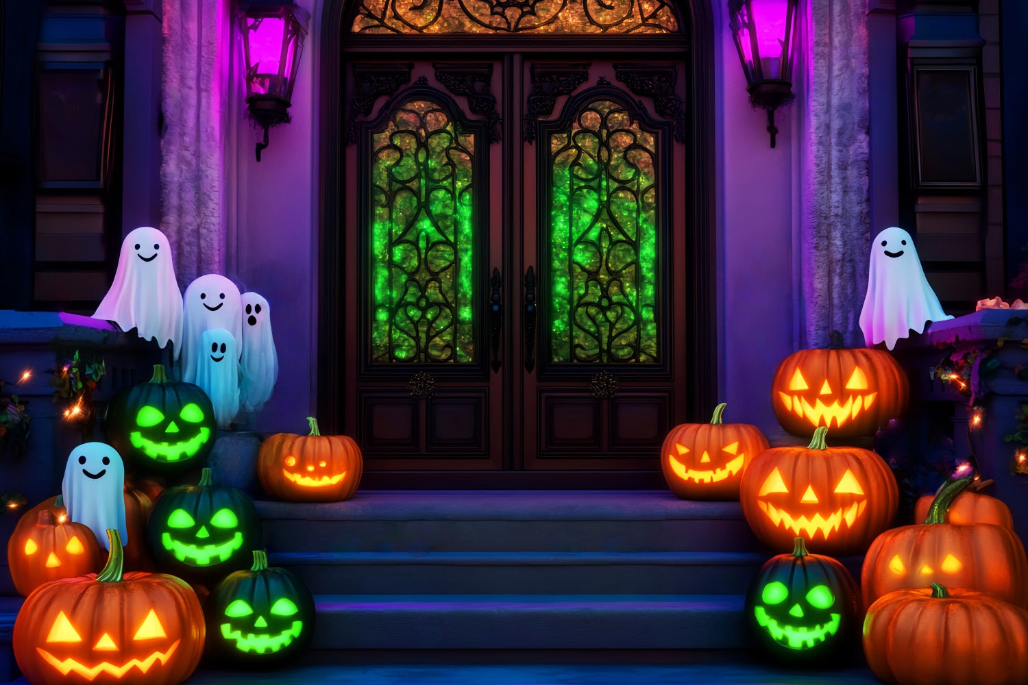 Halloween Ghost Backdrop Neon Ghost Pumpkin Stairway Halloween Backdrops UK LXX59-106