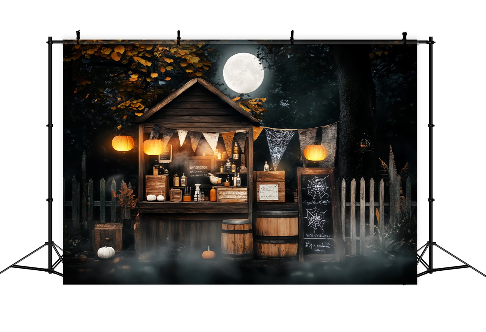 Haunted Forest Backdrop Moonlit Potion Stand Pumpkins Halloween Backdrop UK LXX59-111
