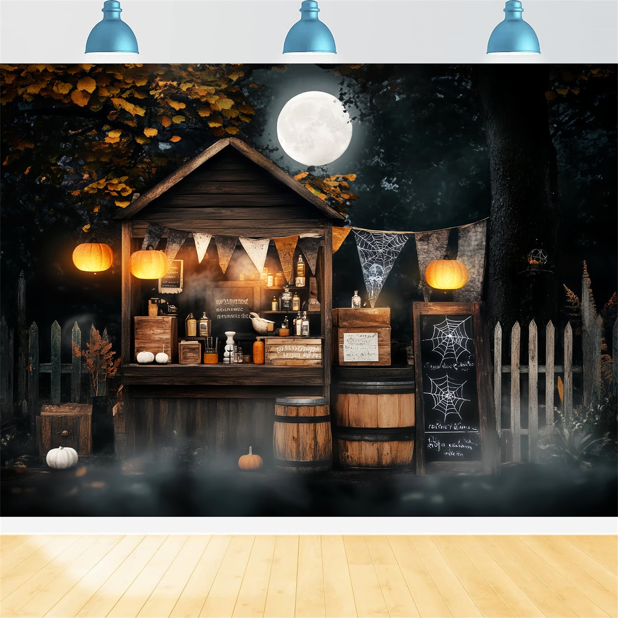 Haunted Forest Backdrop Moonlit Potion Stand Pumpkins Halloween Backdrop UK LXX59-111
