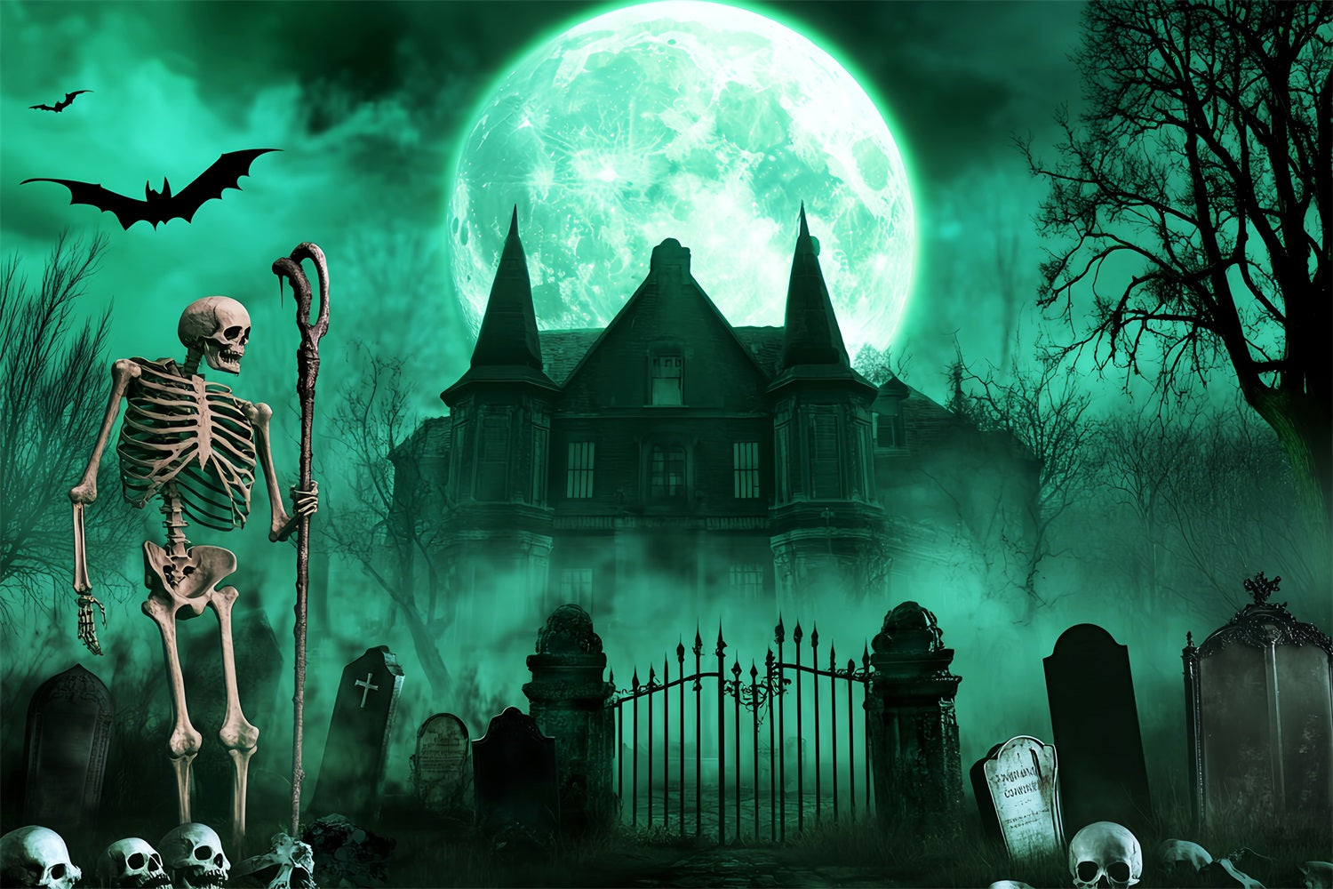 Graveyard Backdrop Skeleton Graveyard Green Moon Spooky Halloween Backdrop UK LXX59-113