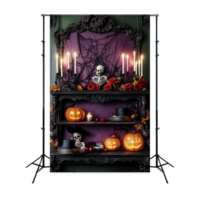 Haunted Forest Backdrop Purple Roses Skeleton Shelf Halloween Photo Backdrop UK LXX59-114