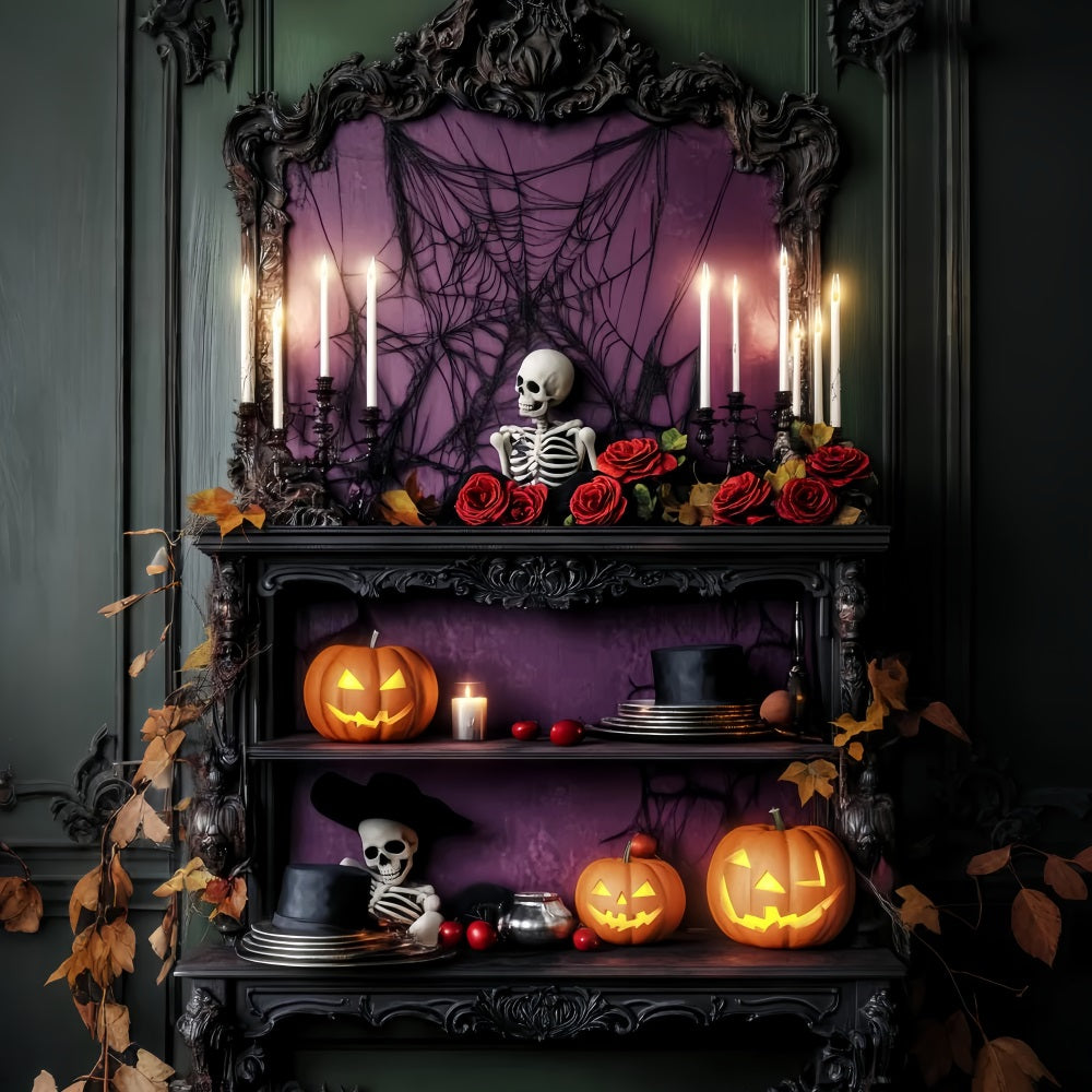Haunted Forest Backdrop Purple Roses Skeleton Shelf Halloween Photo Backdrop UK LXX59-114