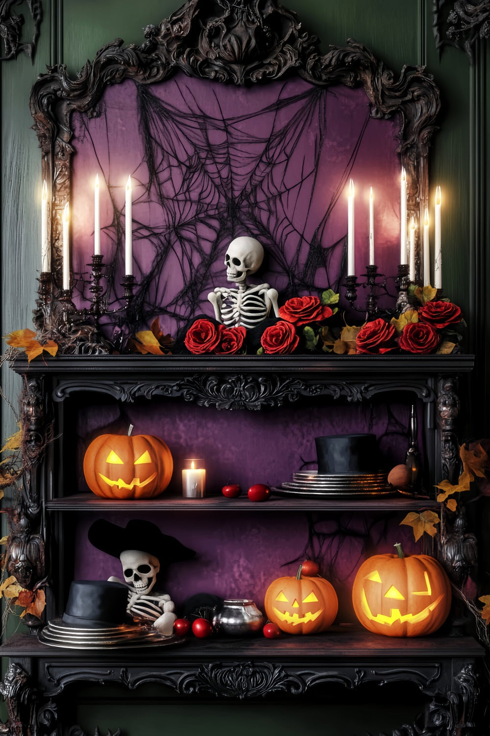 Haunted Forest Backdrop Purple Roses Skeleton Shelf Halloween Photo Backdrop UK LXX59-114