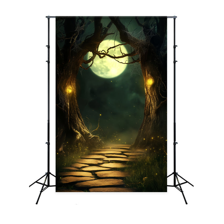 Haunted Forest Backdrop Moonlit Path Enchanted Trees Halloween Photo Backdrop UK LXX59-118