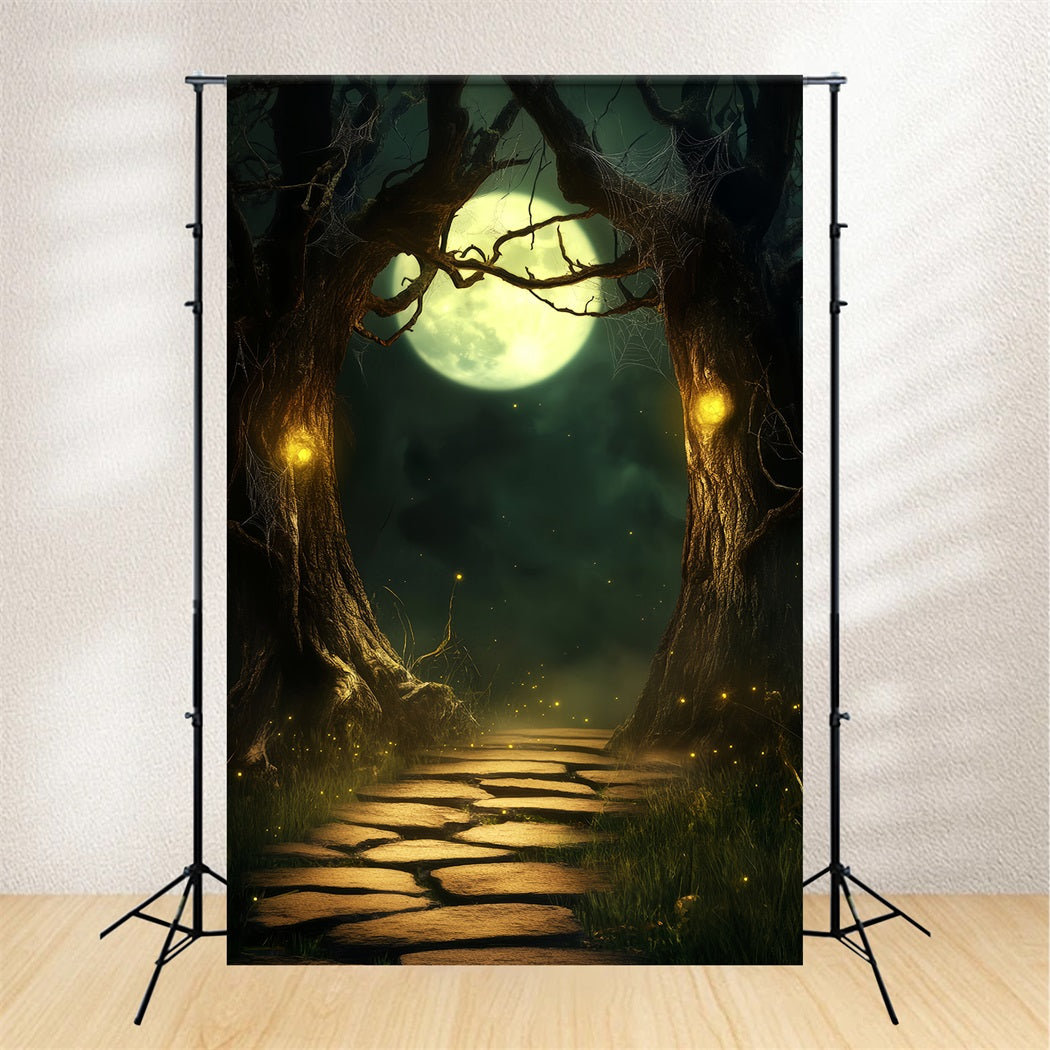Haunted Forest Backdrop Moonlit Path Enchanted Trees Halloween Photo Backdrop UK LXX59-118
