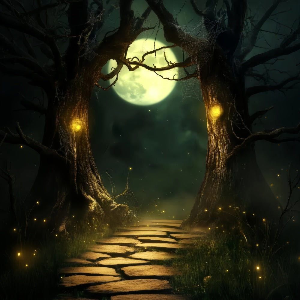 Haunted Forest Backdrop Moonlit Path Enchanted Trees Halloween Photo Backdrop UK LXX59-118