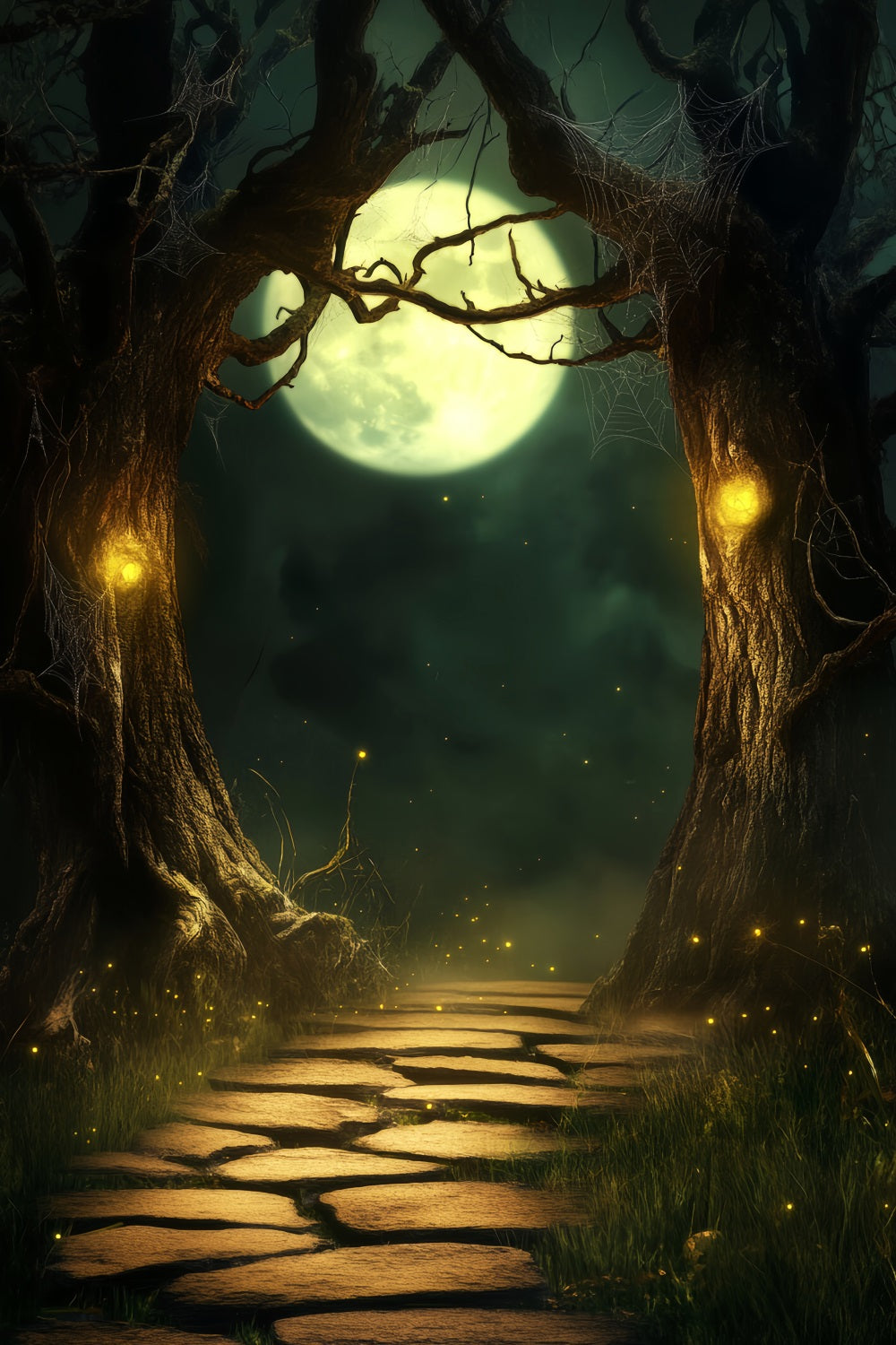 Haunted Forest Backdrop Moonlit Path Enchanted Trees Halloween Photo Backdrop UK LXX59-118
