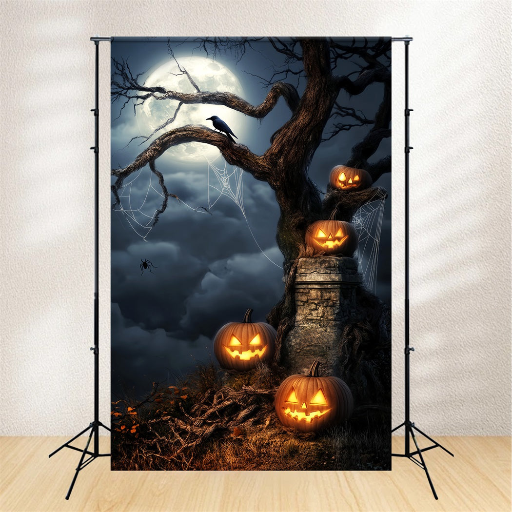 Haunted Forest Backdrop Glowing Pumpkins Moonlit Tree Halloween Backdrop Ideas UK LXX59-124