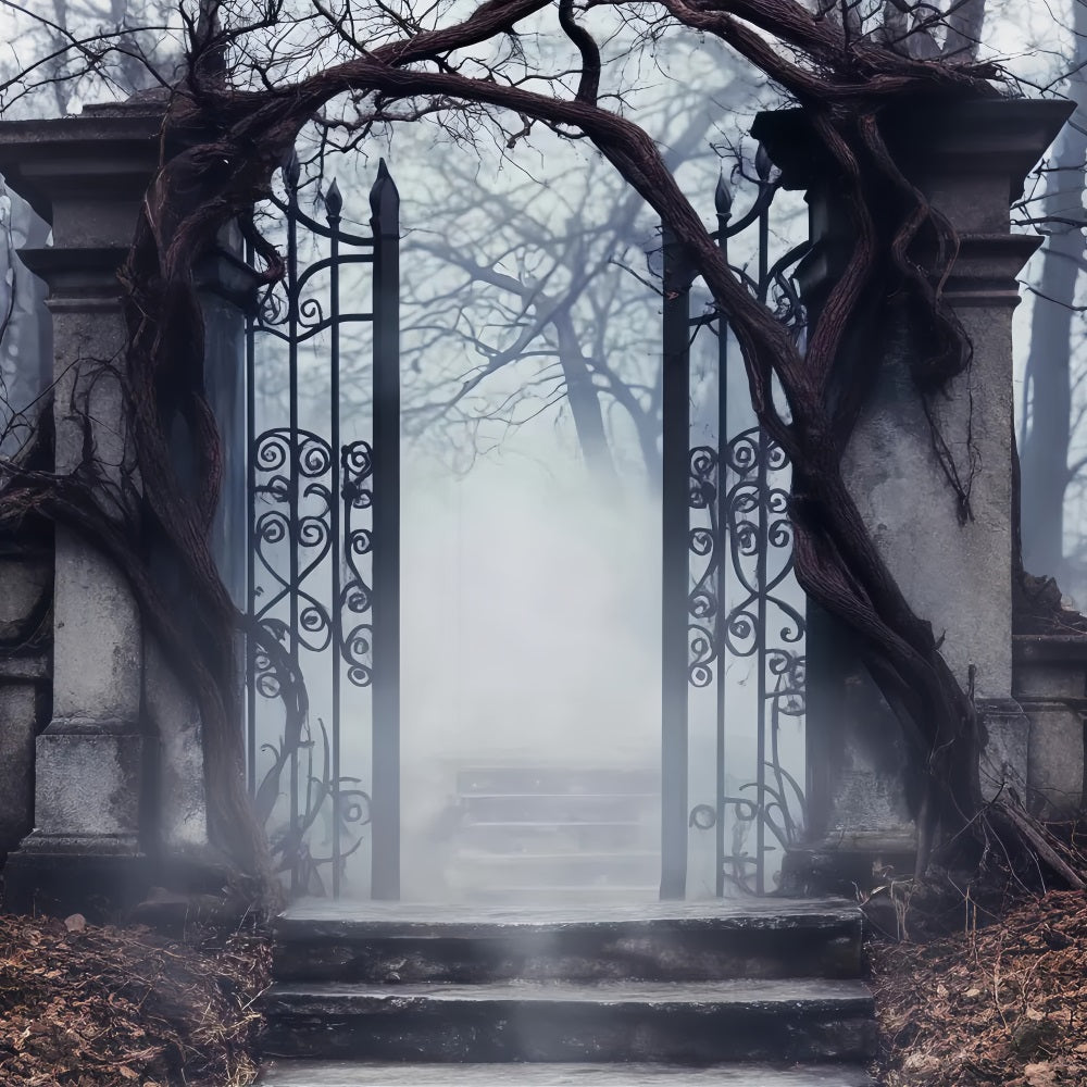 Haunted Forest Backdrop Foggy Cemetery Iron Gate Halloween Picture Backdrop UK LXX59-125