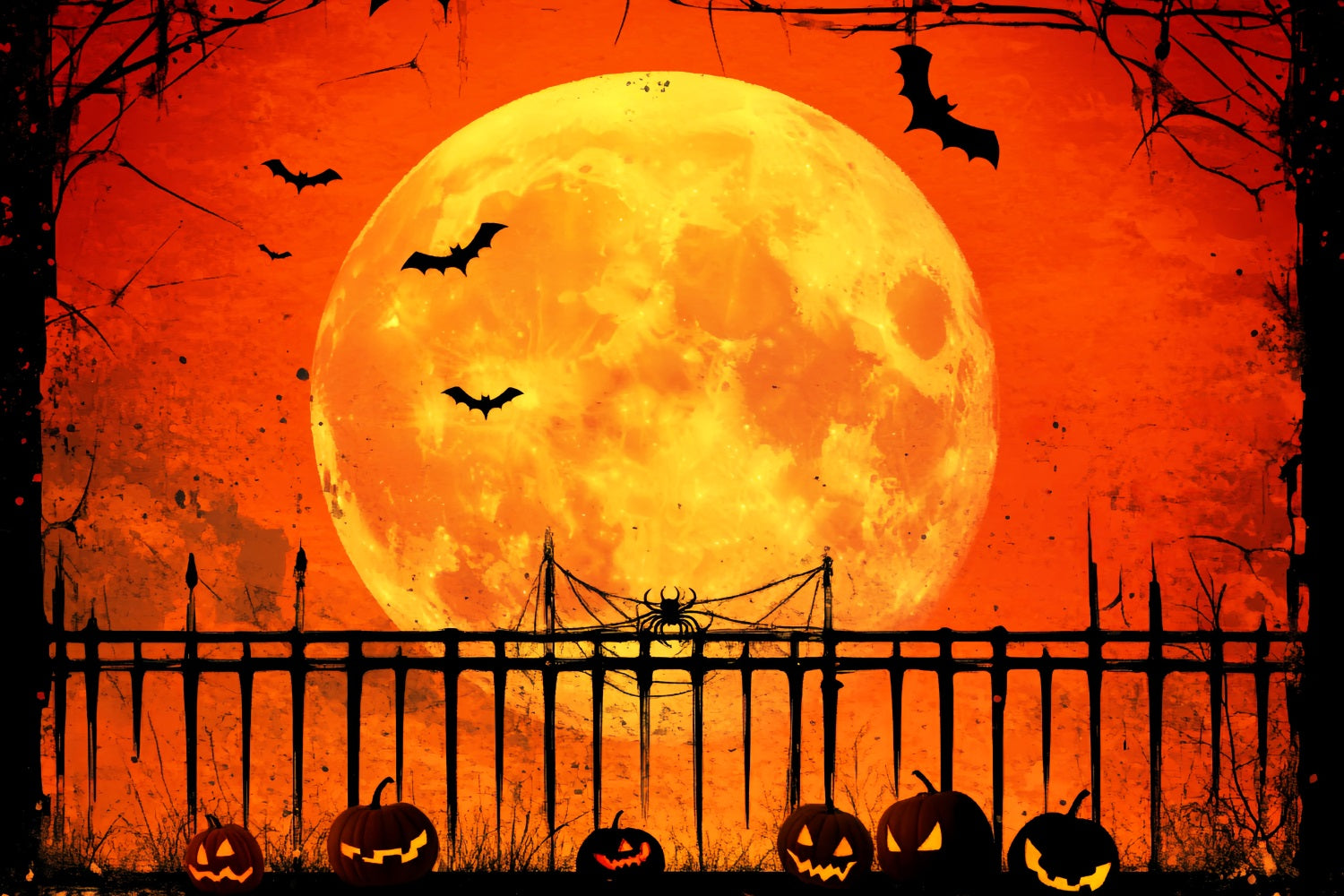 Haunted Forest Backdrop Pumpkin Moonlit Fence Shadows Halloween Moon Backdrop UK LXX59-128