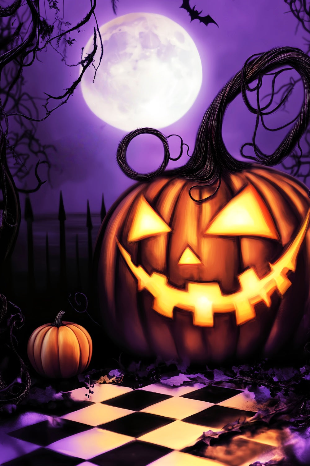 Haunted Forest Backdrop Giant Pumpkin Grin Under Moon Halloween Backdrops UK LXX59-130