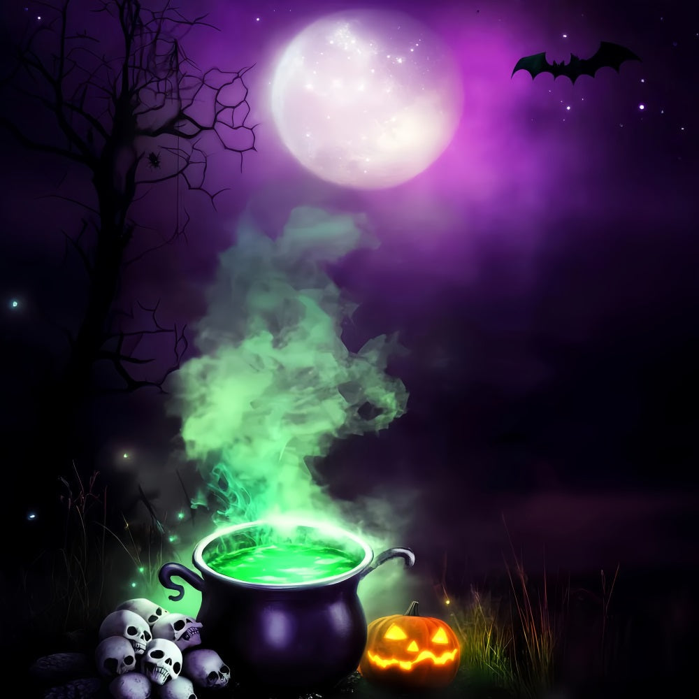Haunted Forest Backdrop Witch Cauldron Green Smoke Moon Halloween Backdrop Ideas UK LXX59-132