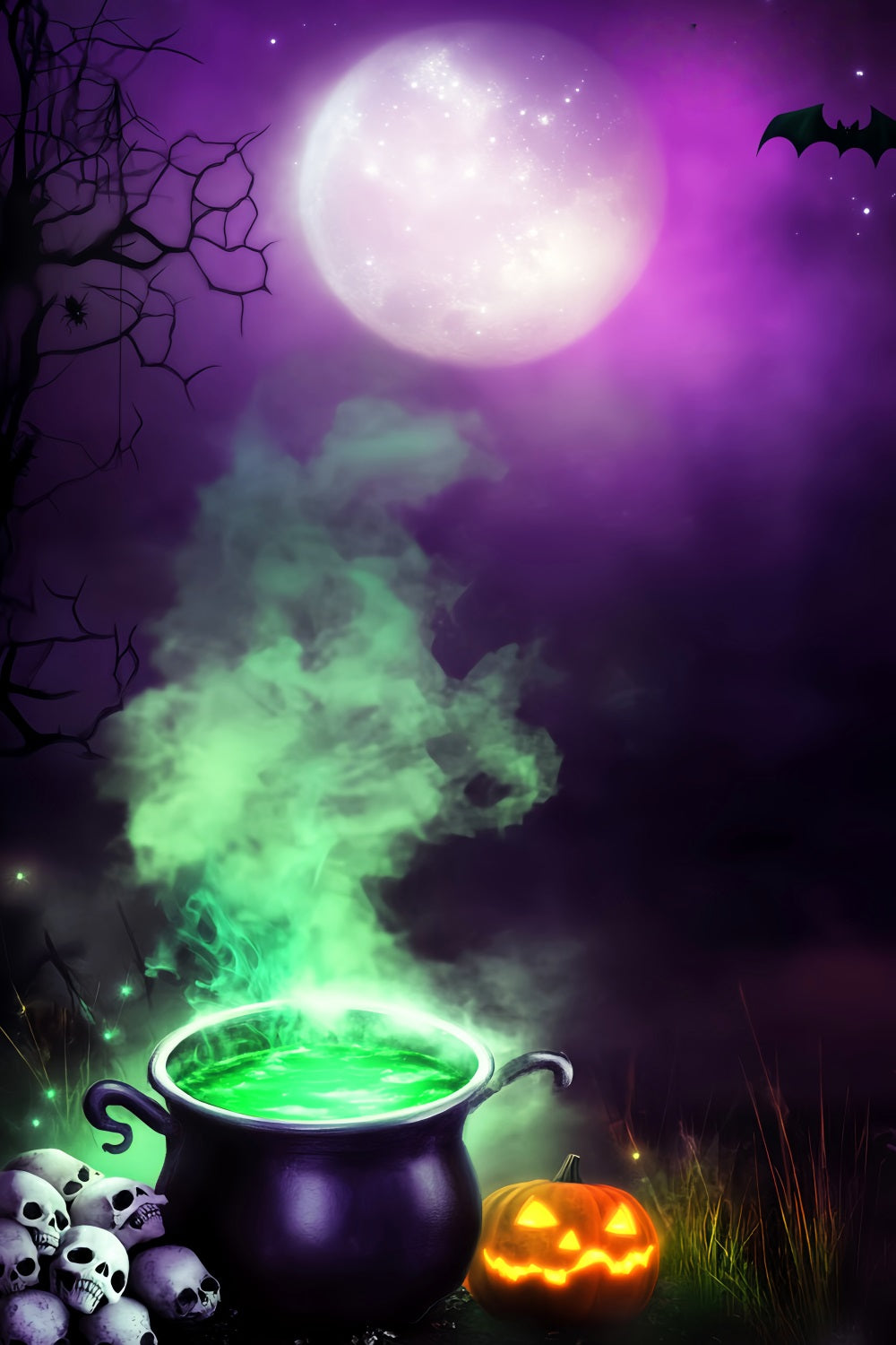 Haunted Forest Backdrop Witch Cauldron Green Smoke Moon Halloween Backdrop Ideas UK LXX59-132
