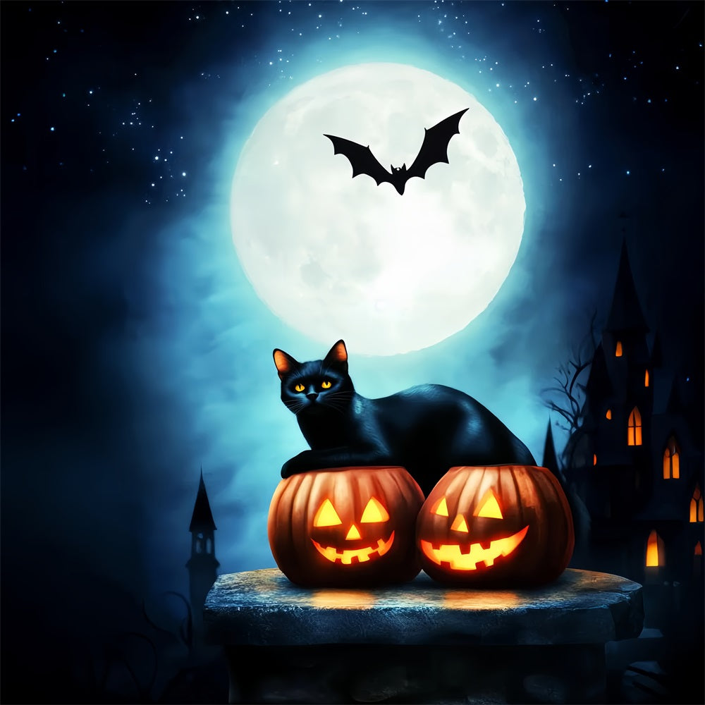 Haunted Forest Backdrop Black Cat Pumpkins Full Moon Halloween Moon Backdrop UK LXX59-134
