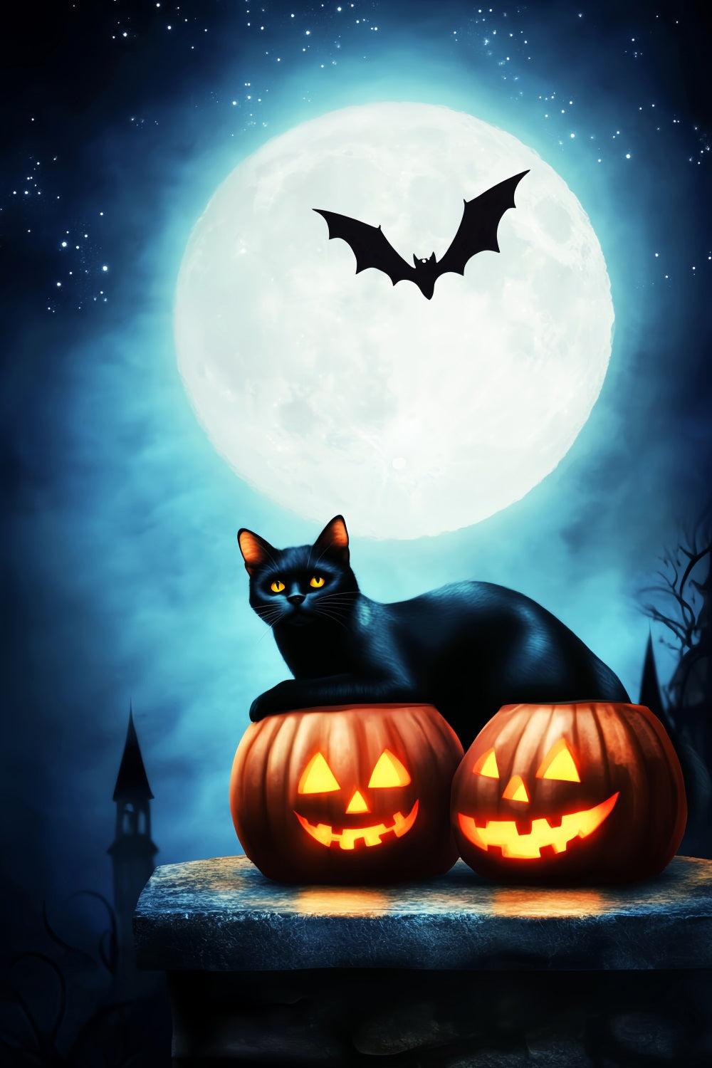 Haunted Forest Backdrop Black Cat Pumpkins Full Moon Halloween Moon Backdrop UK LXX59-134