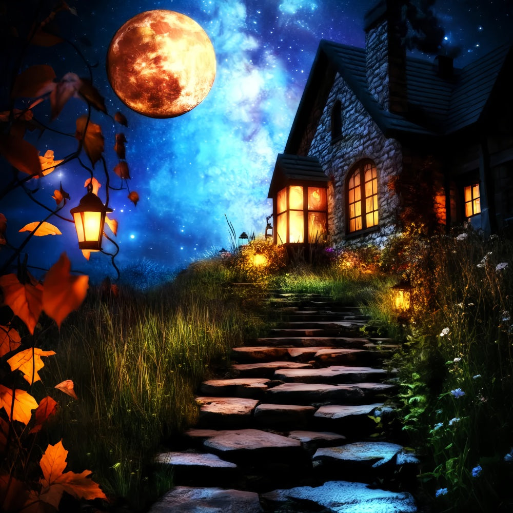 Haunted Forest Backdrop Lantern Pathway Enchanted Cottage Halloween Backdrop UK LXX59-135